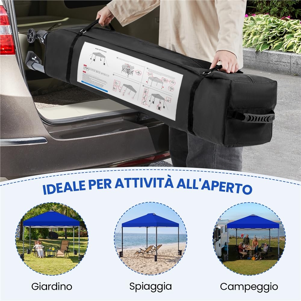 Yaheetech Gazebo Pieghevole 3x3 M da Giardino con Ruote per la Mobilità Tenda Esterno con Sistema di Clic Pop-up Regolabile in Altezza per Festa Spiaggia Blu