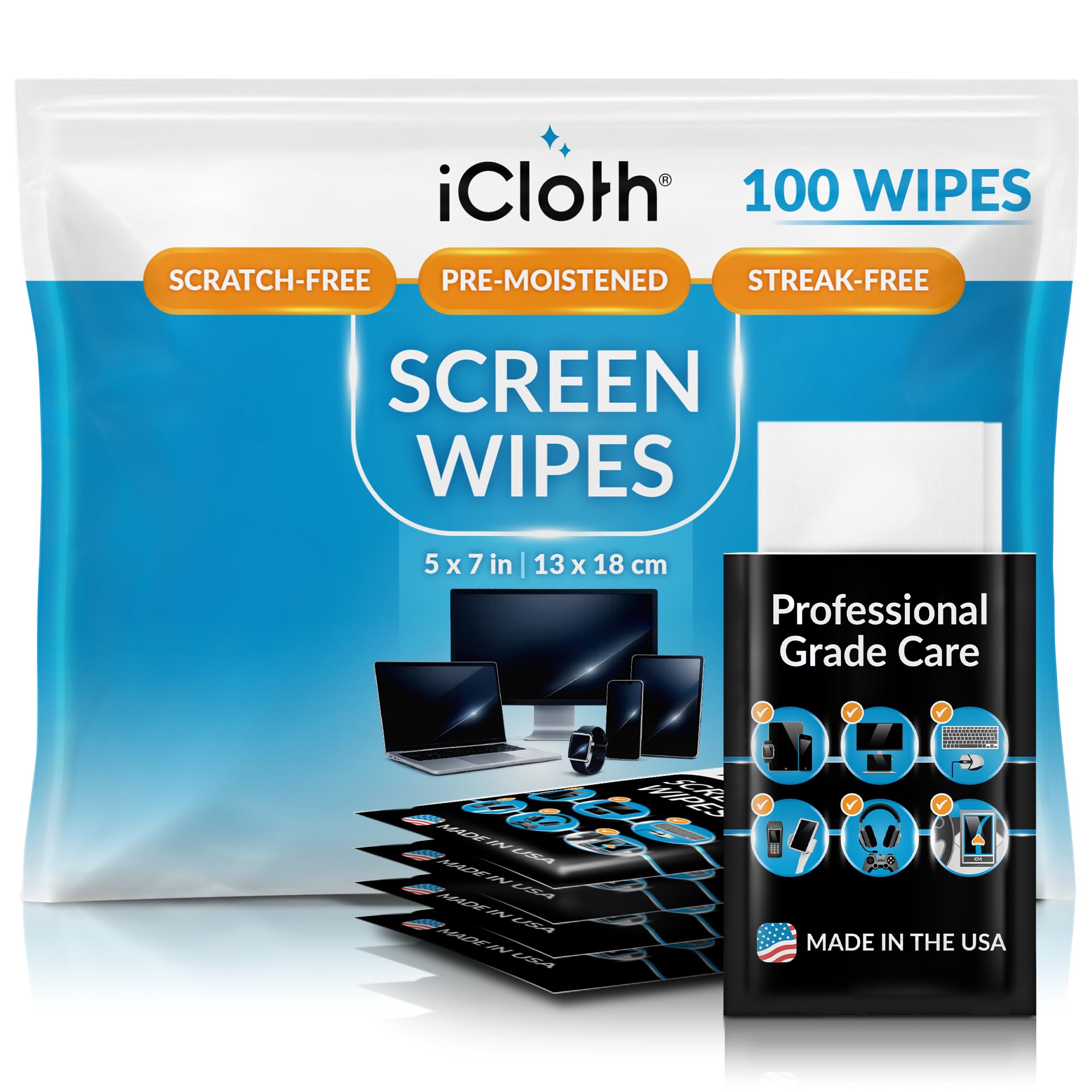 - iCloth Large Screen Cleaning Wipes for Electronics, Lint-Free and Streak-Free, Fast-Drying, Removes Dust, Fingerprints, and Smudges (100 Wipes)