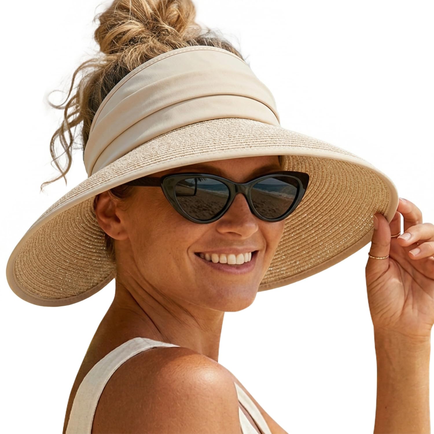 Creekstone Womens Sun Visor Hat, Beach Straw Visor, UPF 50+, Packable, Ponytail Sun Hats for Summer Travel (UK, Alpha, One Size, Beige)