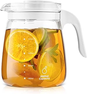 Glass Water Pitcher - HIHUOS 60oz Chic Carafe with Lid and Handle - Iced Tea Pitcher with Precise Scale Line, Modern Juice Jug for Cold Brew Coffee, Milk, Sun Tea, Lemonade