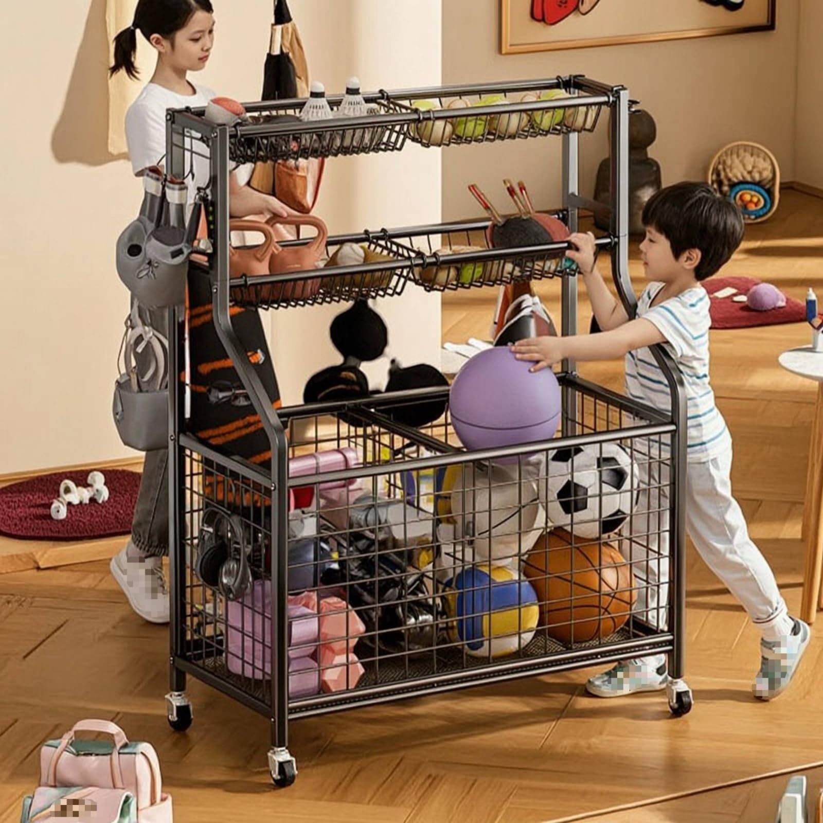 Amagogo Scaffale Porta Palloni Carrello Scaffalatura Organizzatore Contenitore in Acciaio al Carbonio con Cestelli a Rete Traspirante Struttura Robusta E