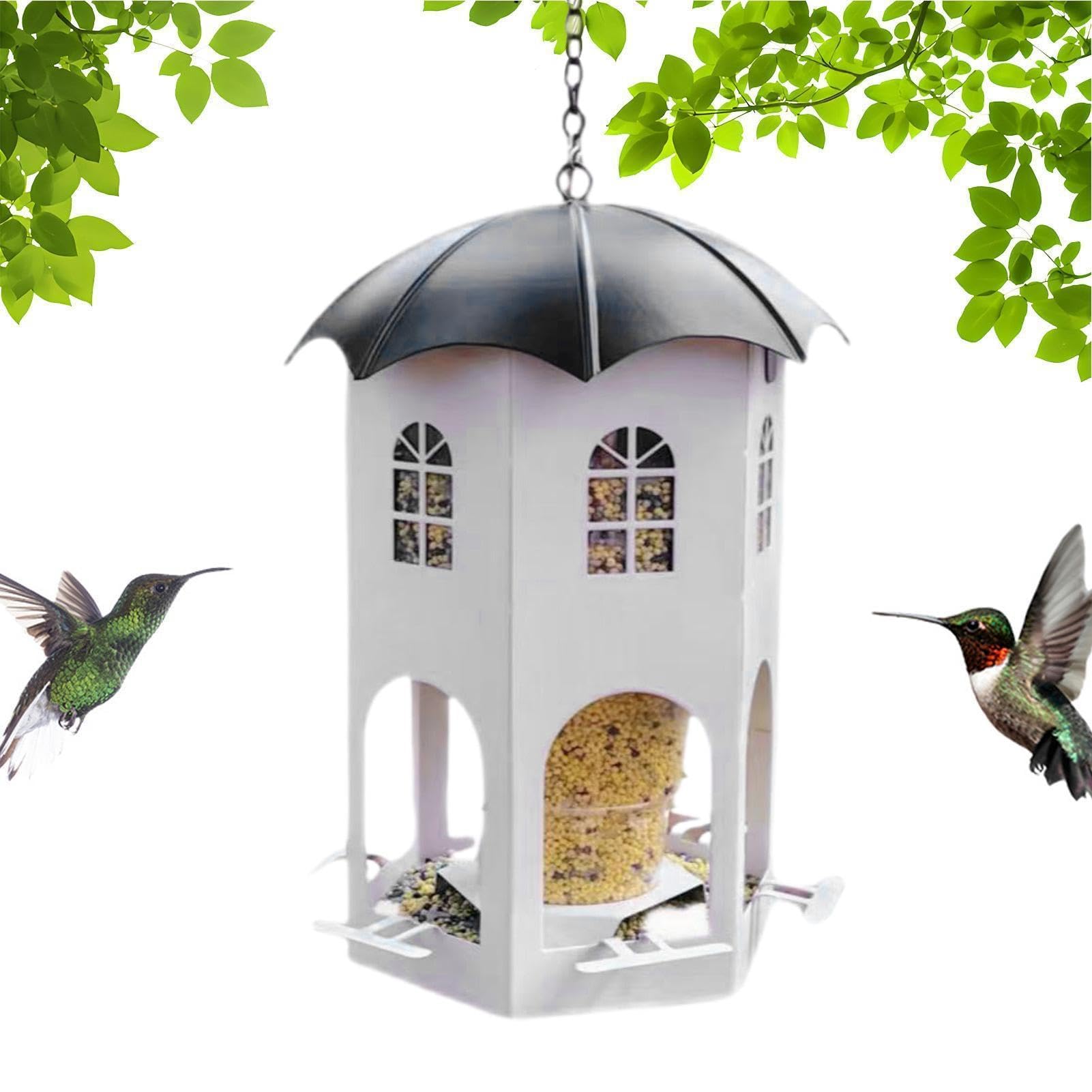 Comederos para pájaros para exteriores, comedero de metal impermeable para pájaros silvestres con ventana transparente, estación de alimentación de jardín para pollos, jilgueros, pinzones y gorriones
