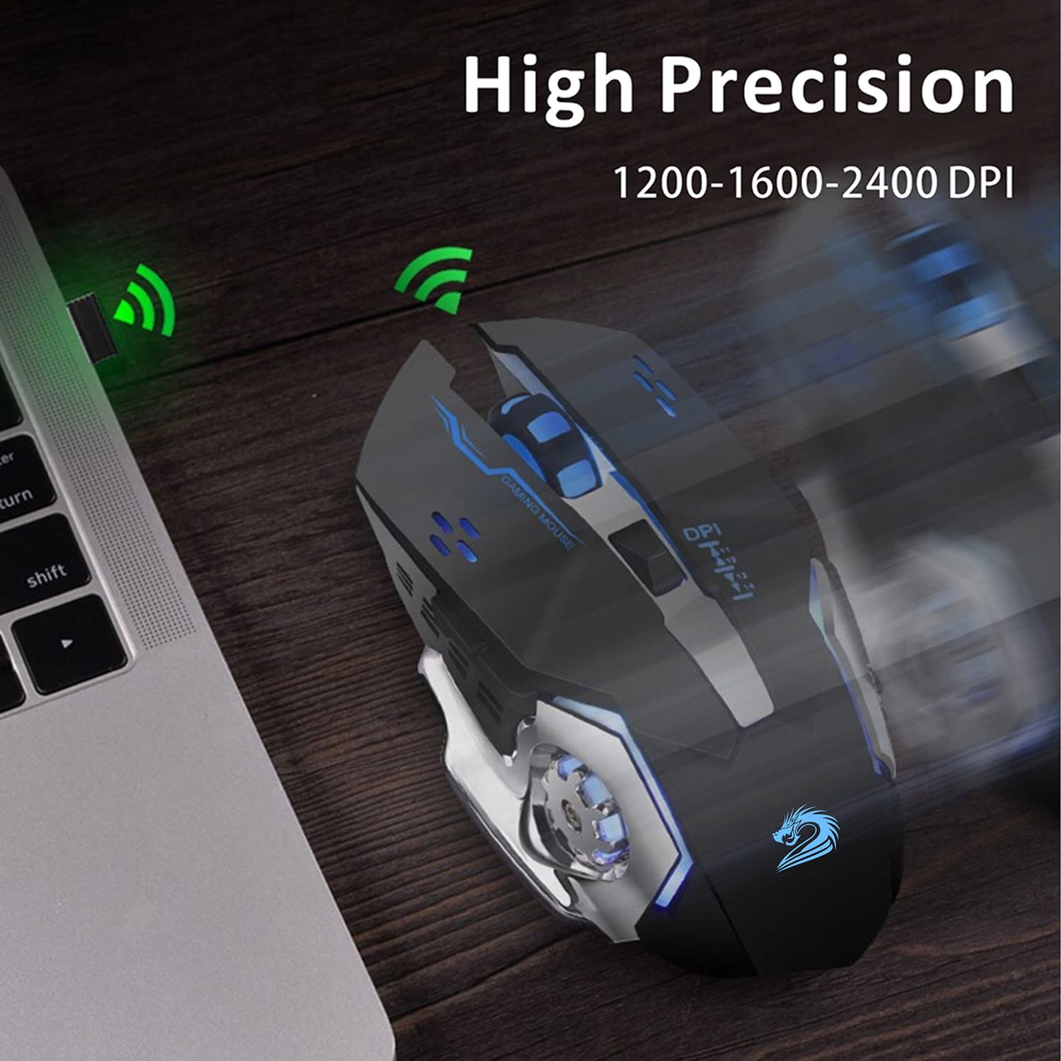 Ratón inalámbrico Q85 para Videojuegos, 2,4 G LED, óptico, silencioso, inalámbrico, con 4 Luces LED, 3 dpi Ajustables, diseño ergonómico, Reposo automático