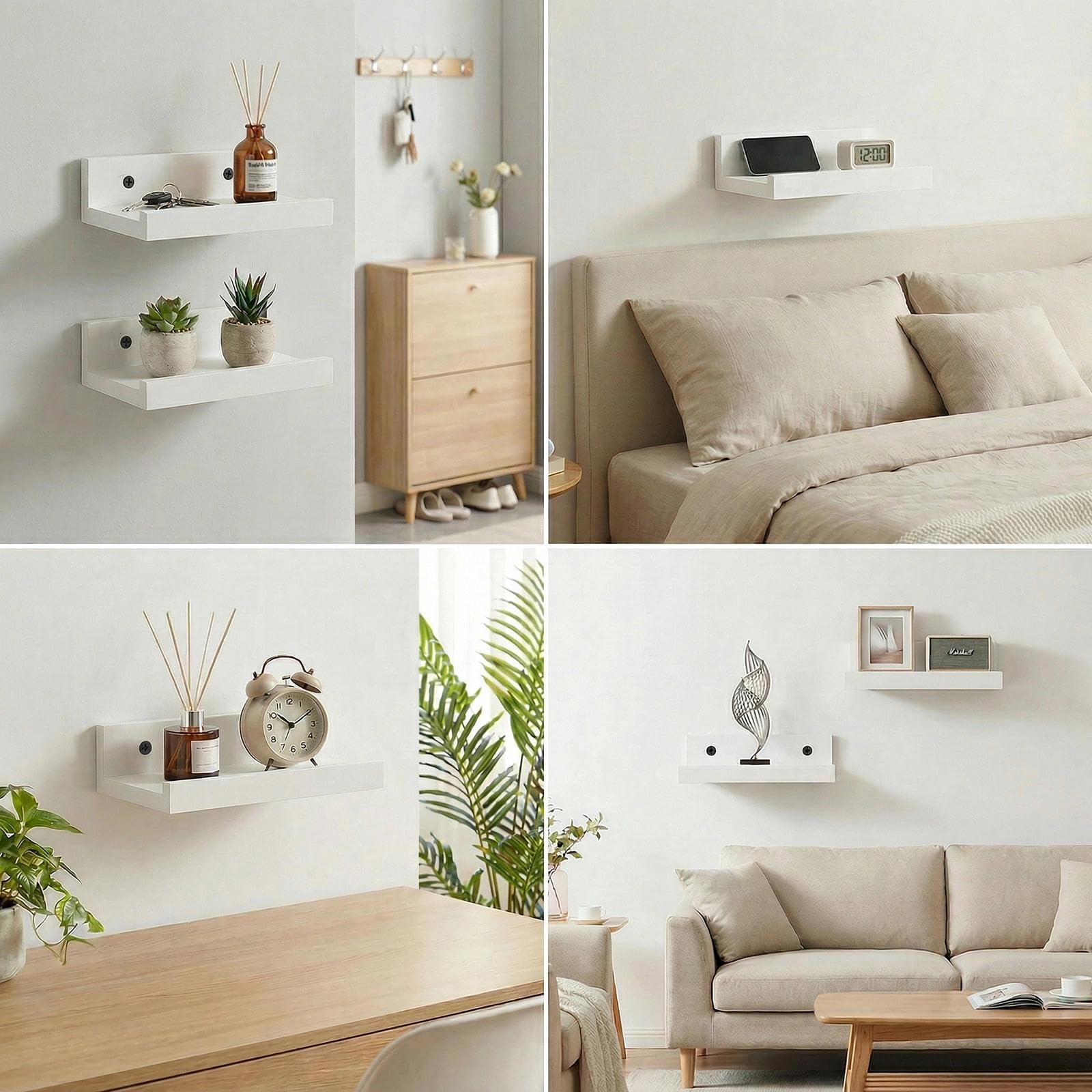 Set di 4 mensole galleggianti bianche con staffe invisibili, per camera da letto, bagno, soggiorno, mensola da parete per libri, piante e espositori
