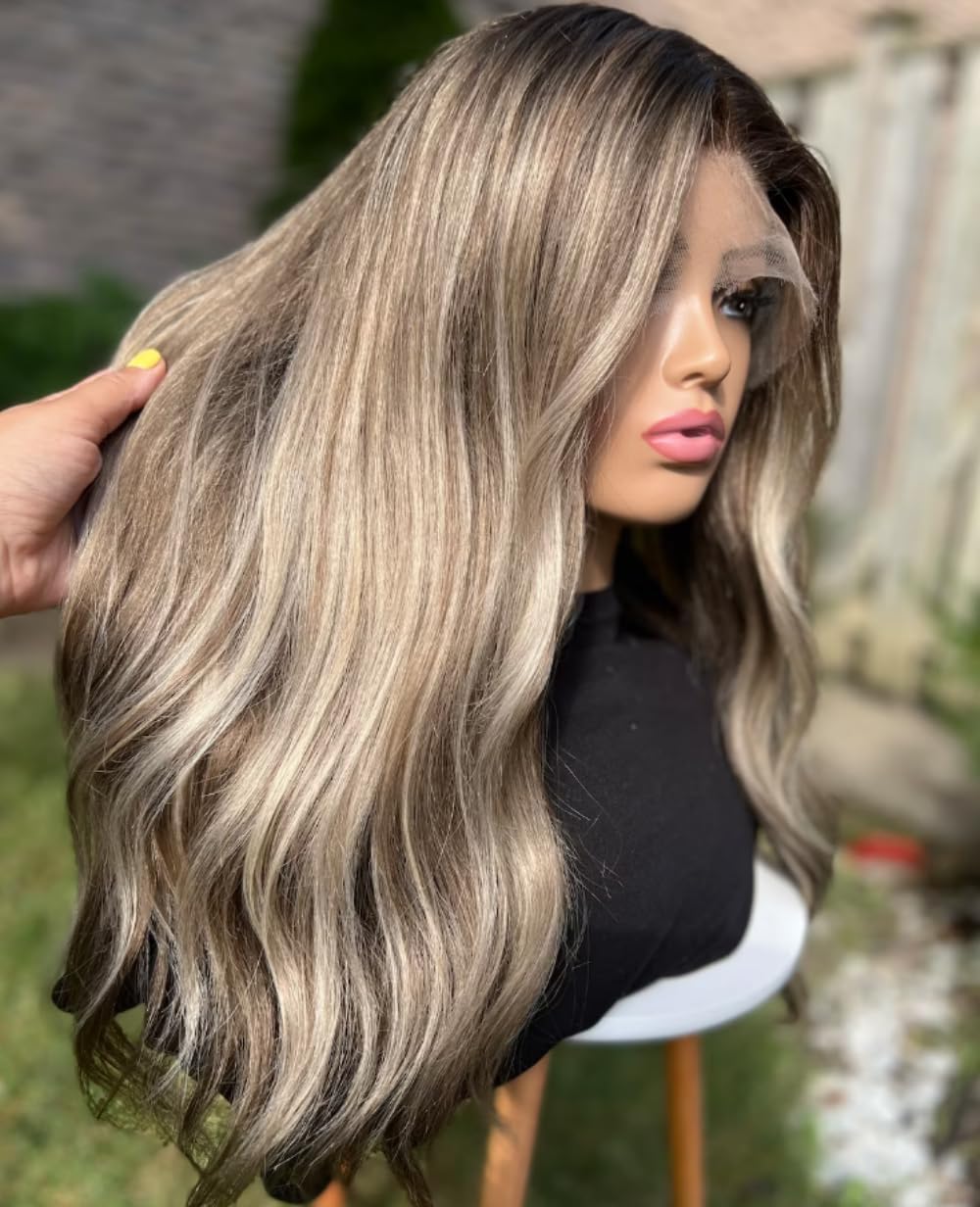 16 Inch Dark Roots Ash Blonde Lace Front Wig Human Hair Glueless Pre plucked and Bleached Knots Body Wave Highlight Balayage Ombre Blonde Wigs for