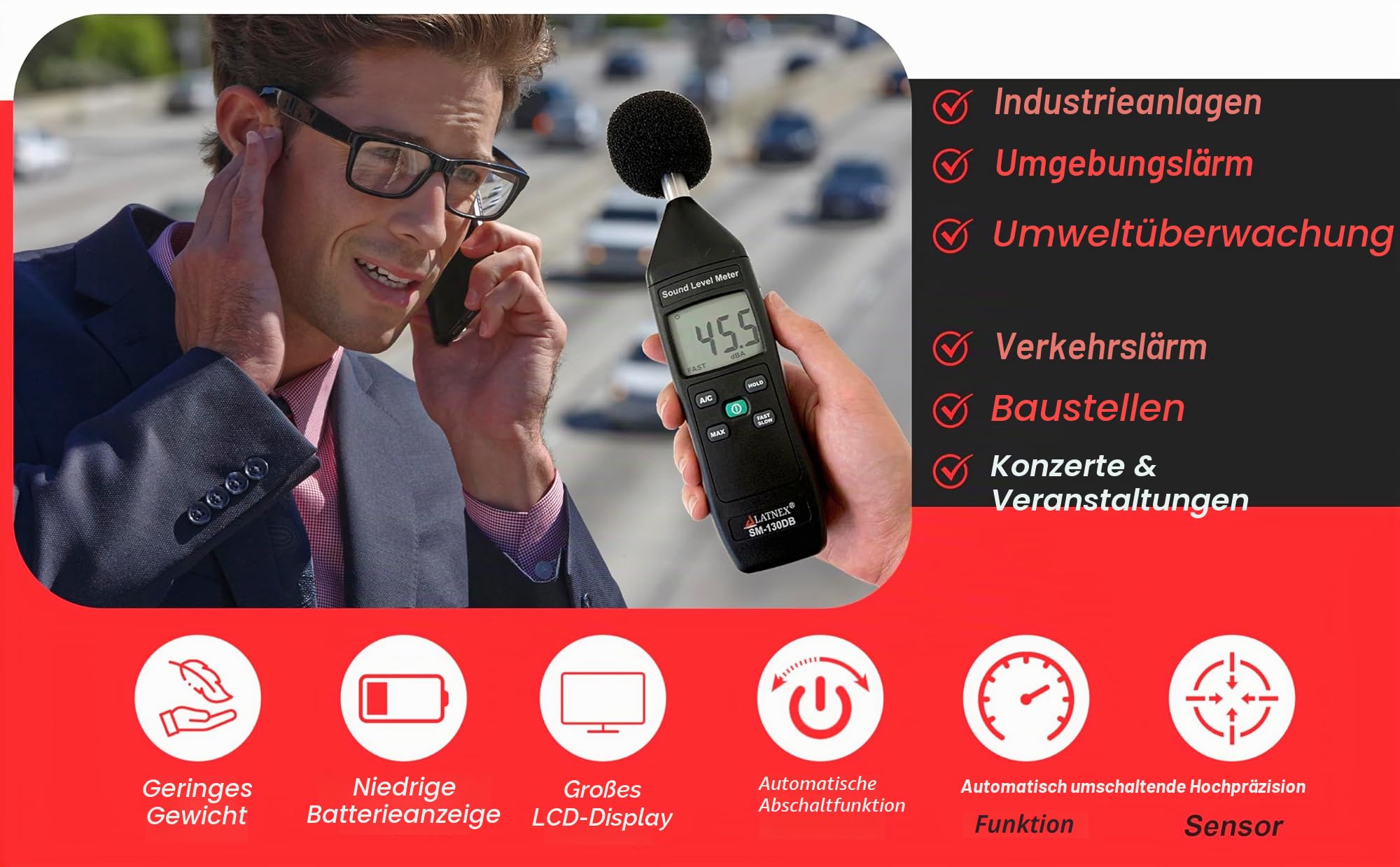 SM-130DB Digitales Dezibel-Messgerät und Schallpegelmesser Typ 2 mit Kalibrierzertifikat Messgerät für Umwelt- und mechanische Lärmmonitor - Fertigung, Büro, Klassenzimmer