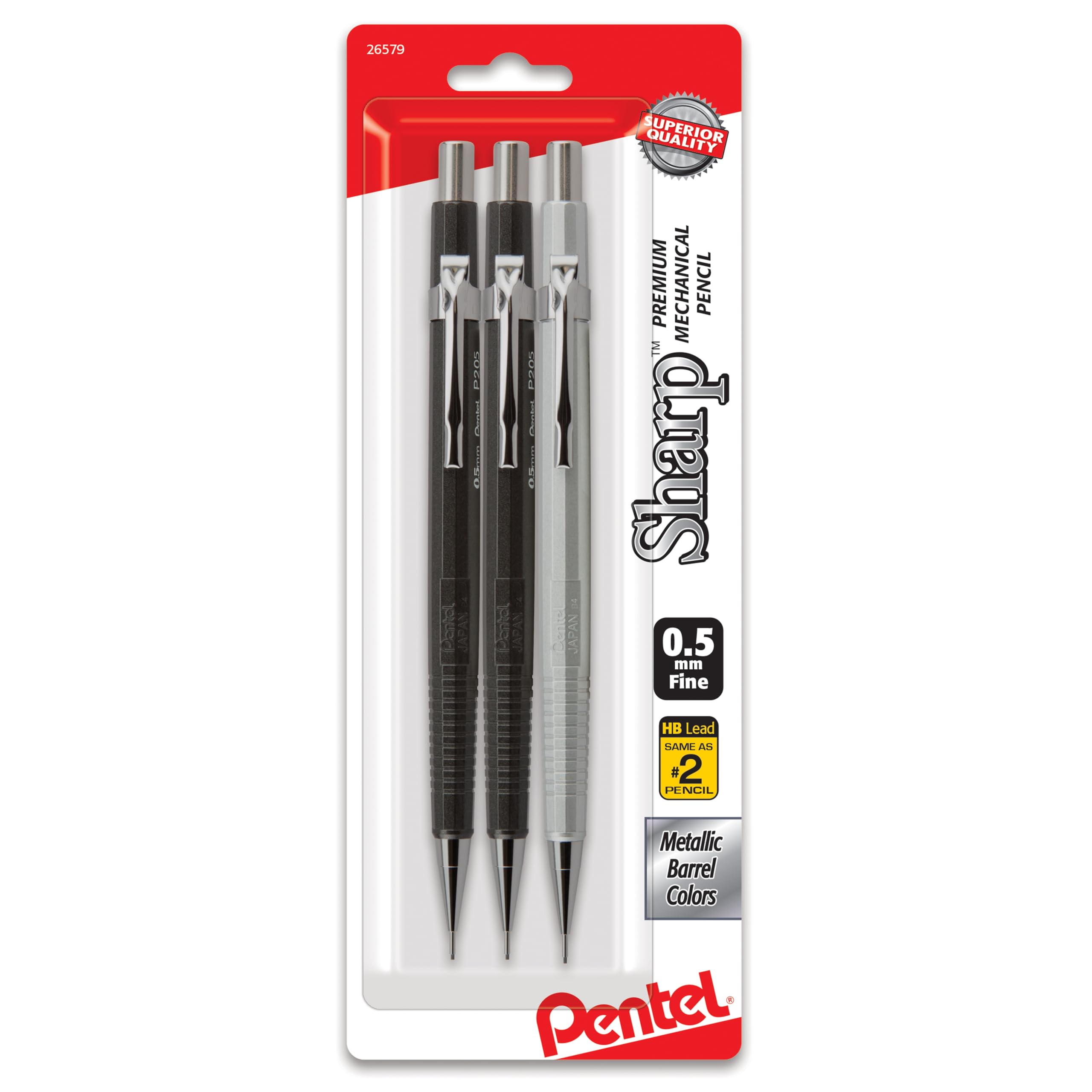 Pentel Sharp Mechanical Pencil, (0.5mm), Metallic Barrels, Assorted Colors Barrels (2N/1Z), Pack of 3 (P205MBP3M)