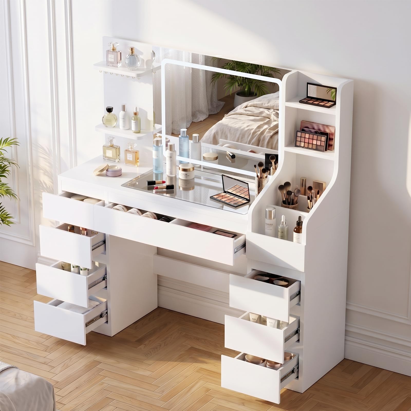 JUMMICO 135cm Dressing Table with Large LED Mirror,Glass Top Vanity Desk with Power Outlet, 8 Drawers, and Open Storage Shelves for Bedroom, Modern White
