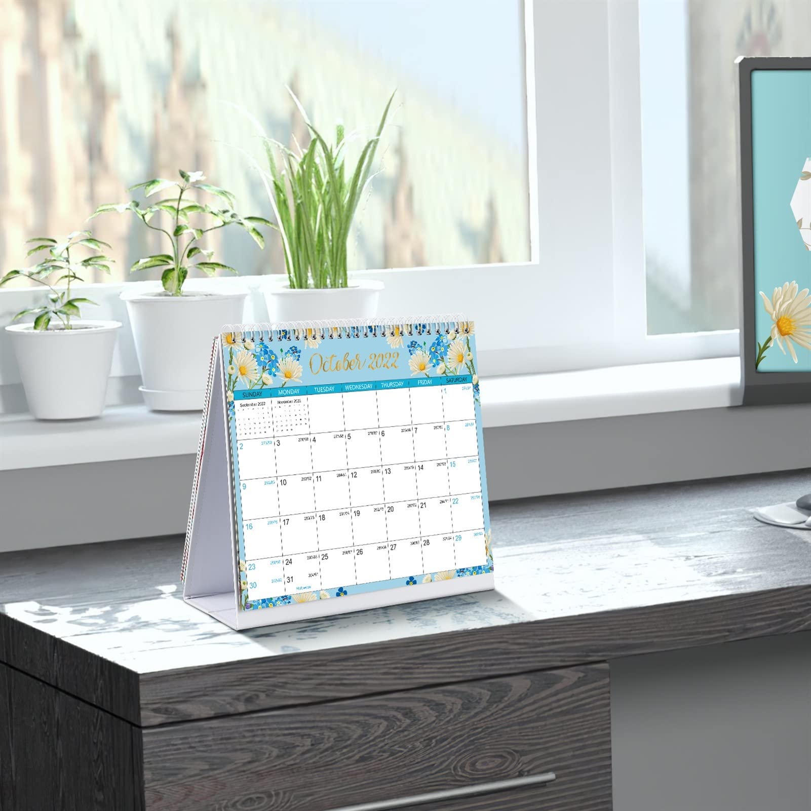 QINGGANGLING999 Bürokalender Floraler Desktop-Kalender 2022 Jan.-Dez. Stehender Schreibtischkalender Twin-Wire Gebundener Kalender Planer for Home Office School Tischkalender Wochenplaner