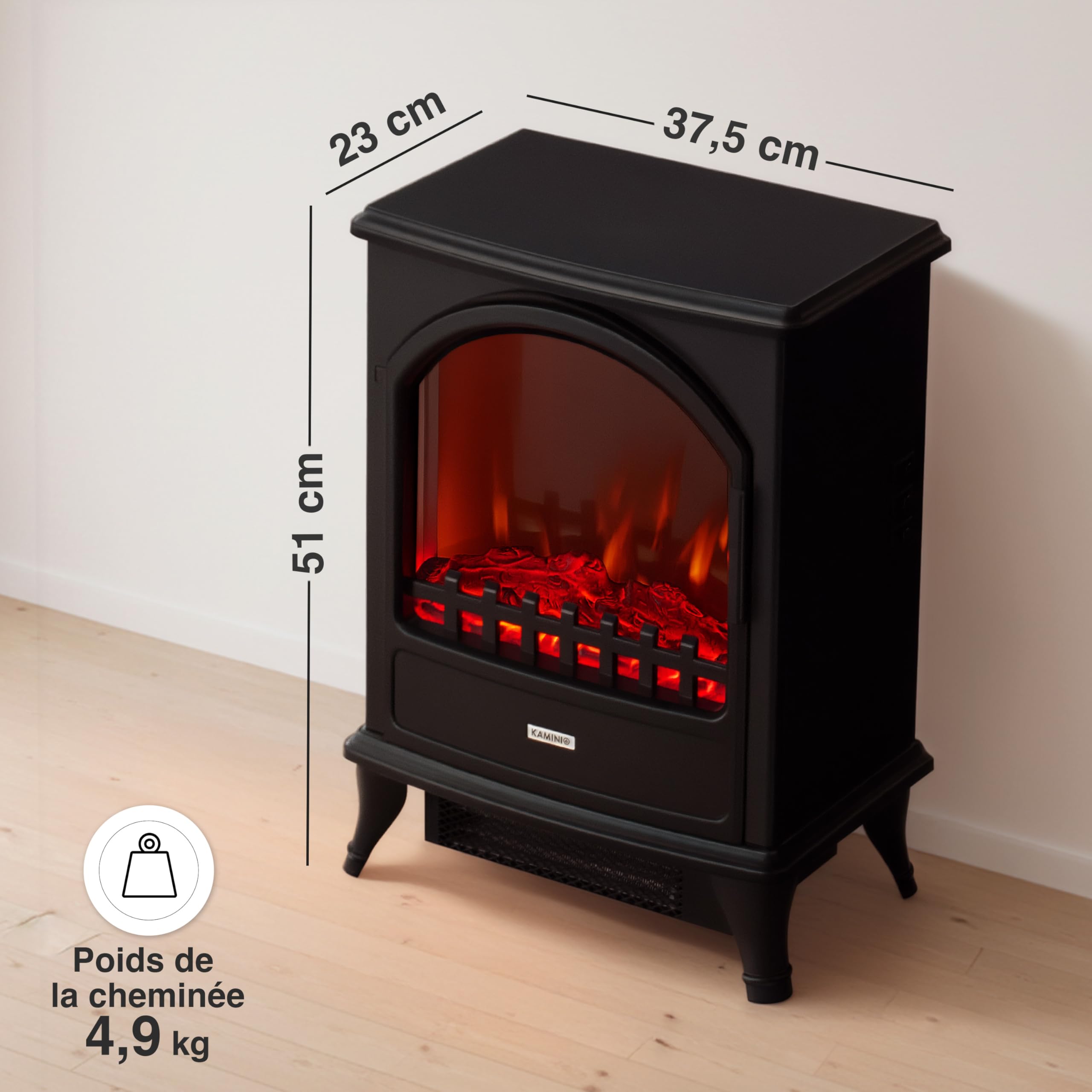 KAMINIO Cheminée électrique Leni - Poêle électrique avec Chauffage, Effet de Flamme 3D (Noir)