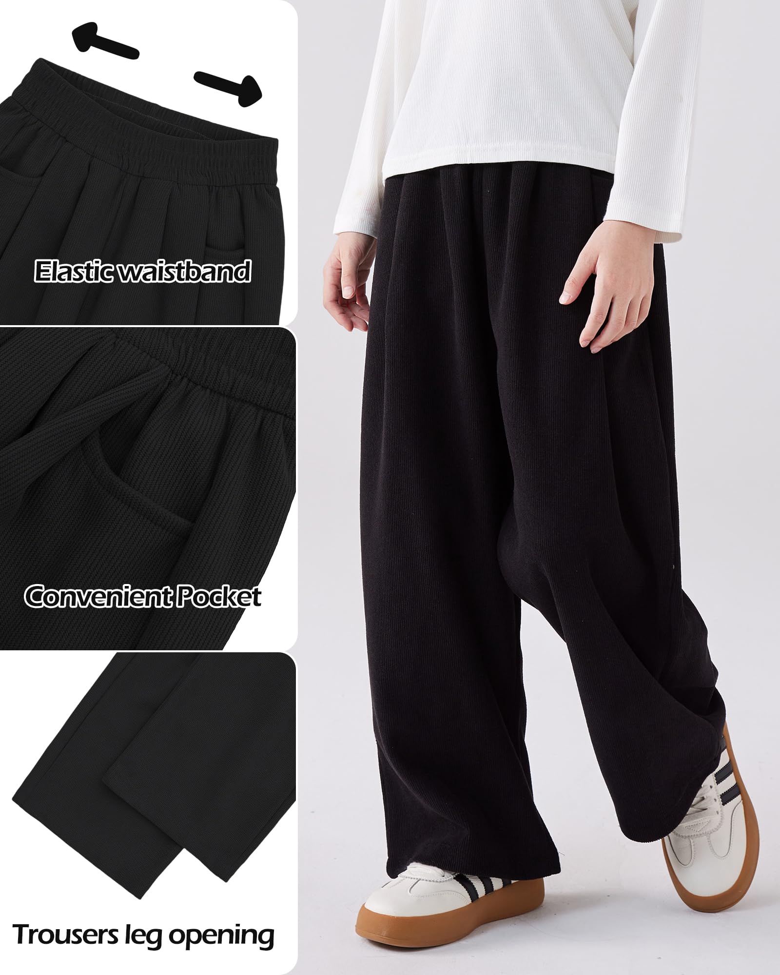 KAKU NANU Pantalones para niñas, cintura elástica, pierna ancha, 2 bolsillos, negro, marrón, beige, rosa, 5-13 años