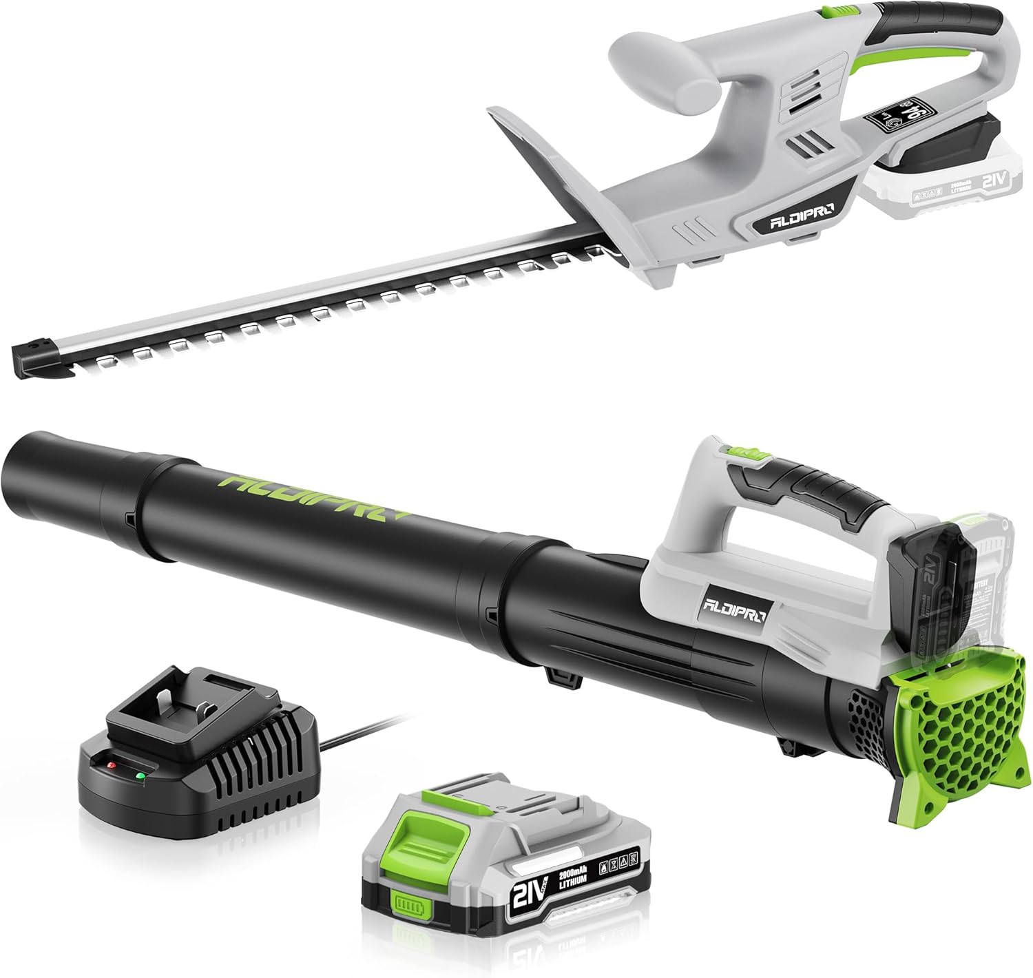 Cordless Leaf Blower and Hedge Trimmer Combo 21V Ultra-Lightweight 3lbs 400CFM/130MPH Blower, 18" Blade & 5/8'' Cutting Bush Trimmer with 2.0Ah Battery and Fast Charger, Ideal for Homeowners & Seniors
