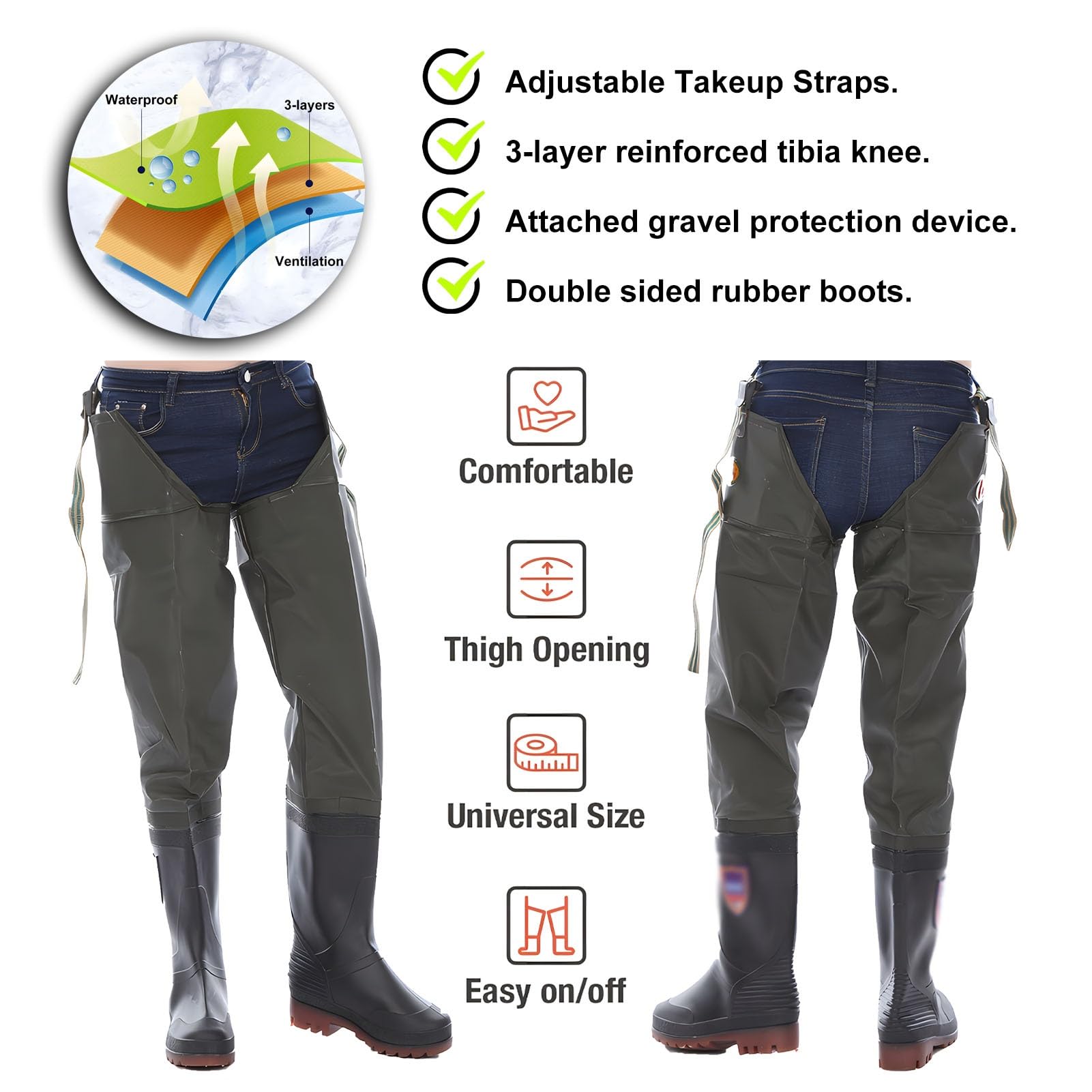 Waders Cuissardes De Hanche pour Hommes Et Femmes, BootfootWader De Pêche Isolé Et Imperméable, Bottes De Pataugeoire avec Semelle Extérieure À Crampons(42 EU)