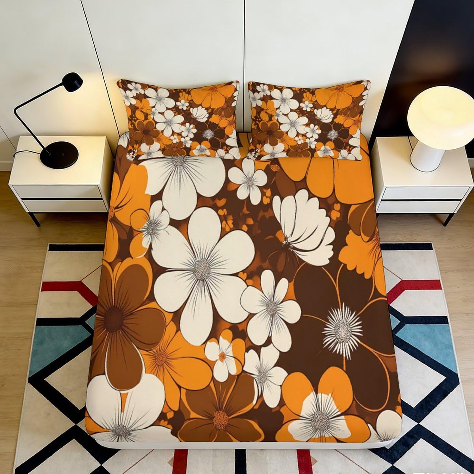 Qjzxknhpgr Style-6 3D Printed Orange Floral Fitted Sheet Microfiber Brown White Blossom Mattress Cover For Bedroom Guest Room Decor 90X200x25cm