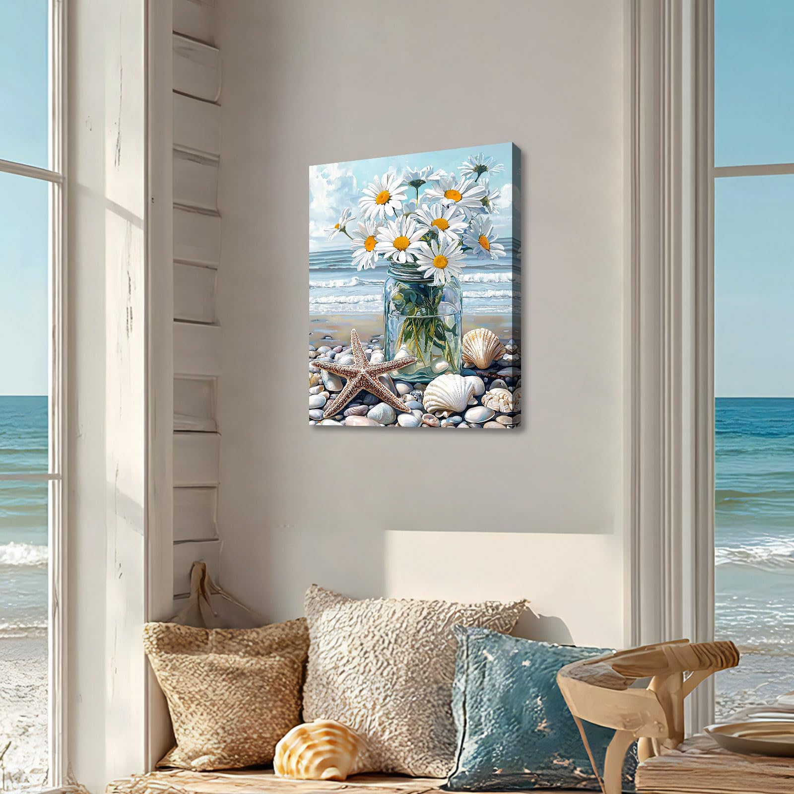 SYGALLERIER Stampa floreale su tela da parete con texture moderna astratta con fiori bianchi dipinti estetici per soggiorno, camera da letto, bagno