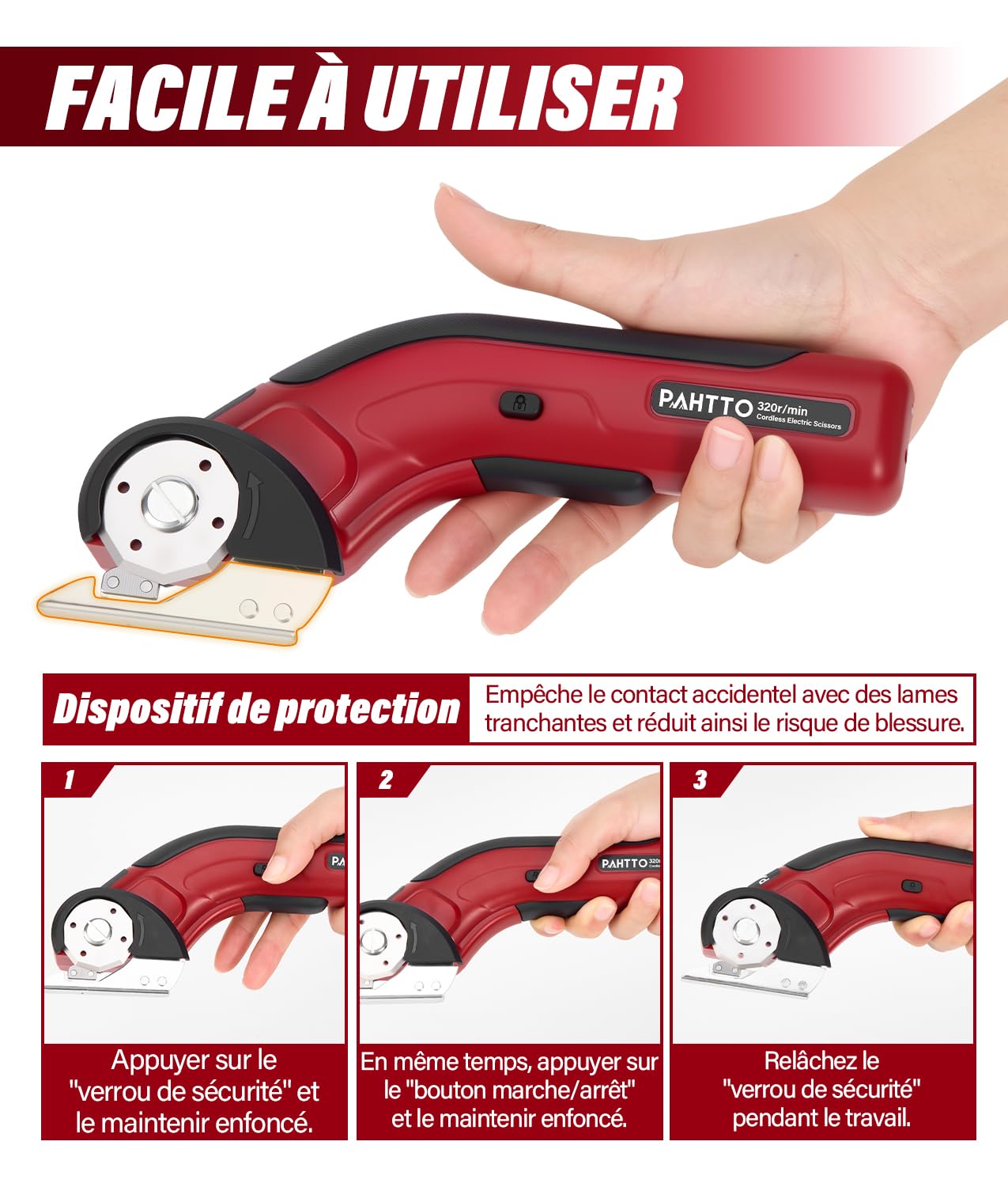 PAHTTO Cisaille électrique Coupe-carton 4 V, 320 tr/min, coupe-rouleau sans fil Coupe-tout universel avec 2 lames auto-affûtantes et chargeur, pour papier, carton, moquette, cuir, tissu (rouge)