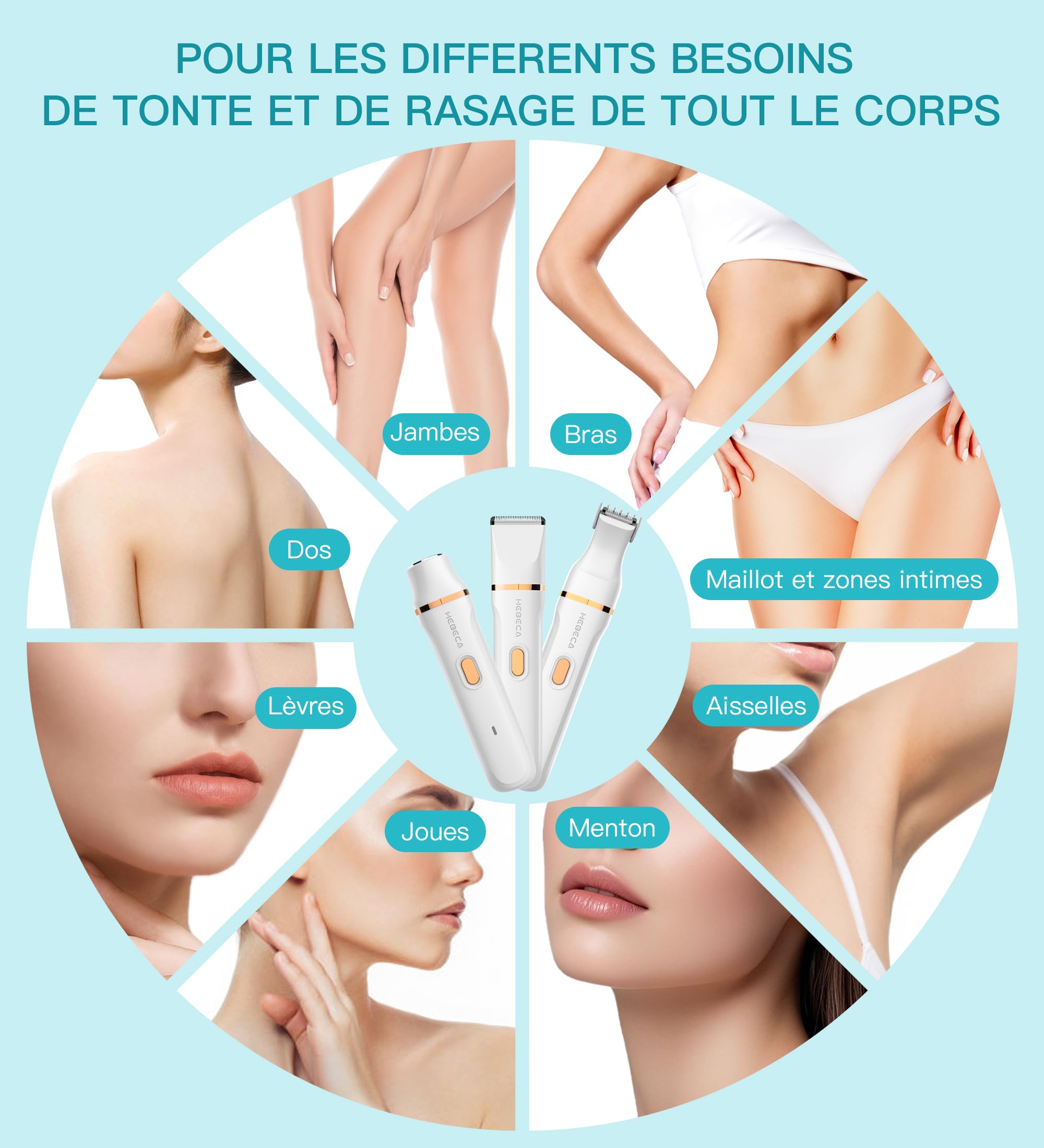 Hebeca Tondeuse de bikini électrique 3 en 1 pour femme – Rasoir faciale et intime pour peaux sensibles – Imperméable et rechargeable