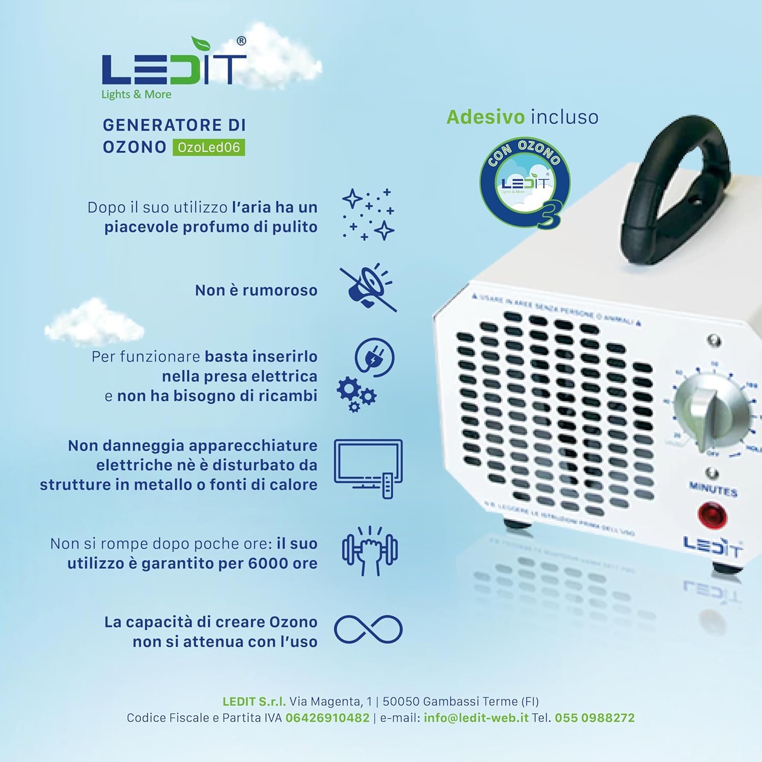 NUOVO Generatore Ozono 10000mgh Ledit - Certificato CE + Certificato CNR - Ozonizzatore progettato in Italia con Timer 120 MIN Uso Professionale e Commerciale, Manuale Istruzioni in Italiano Incluso