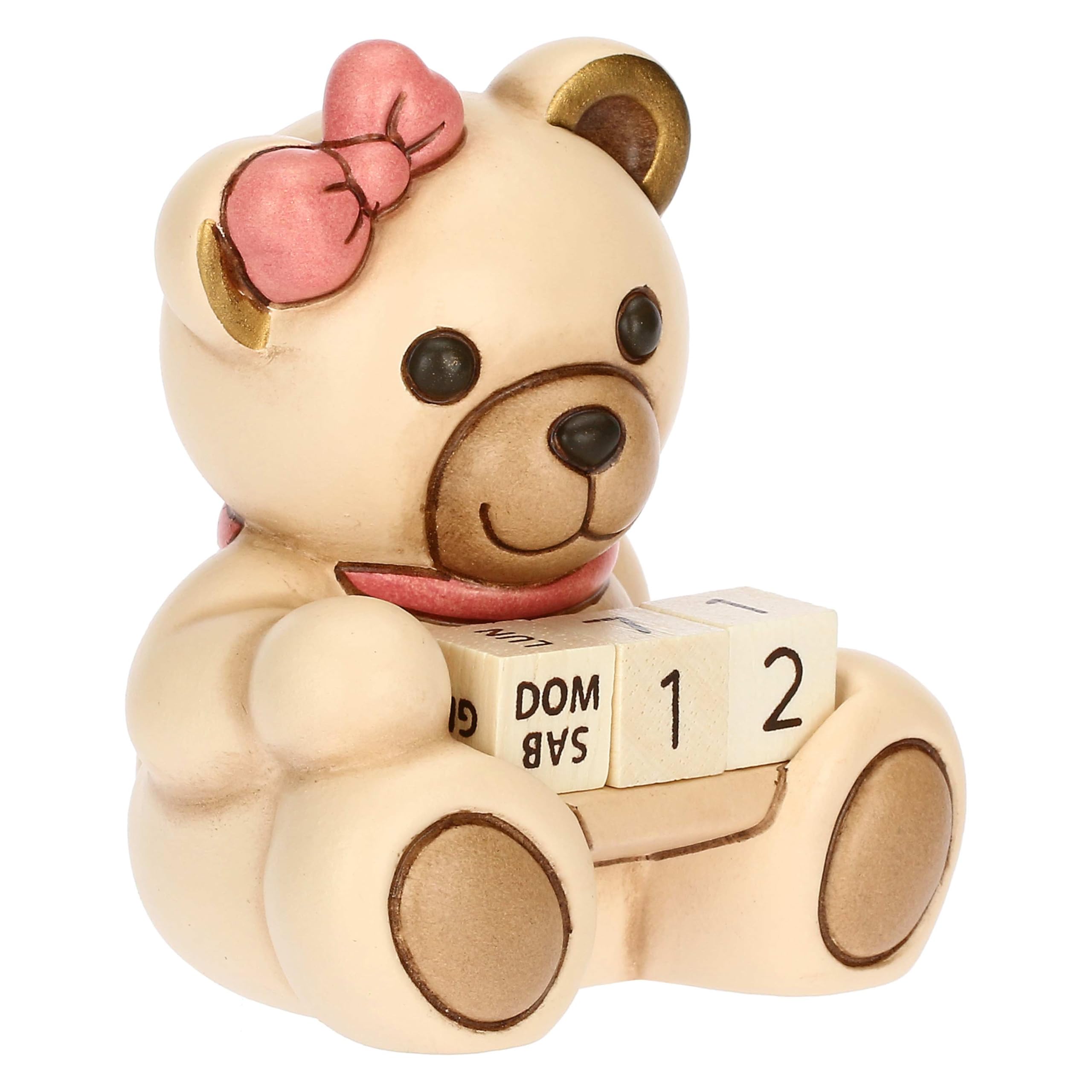 THUN, Mini Calendario Teddy Lei in Ceramica Decorata a Mano, Idea Regalo, 6.6 x 5.7 x 7.7 cm h