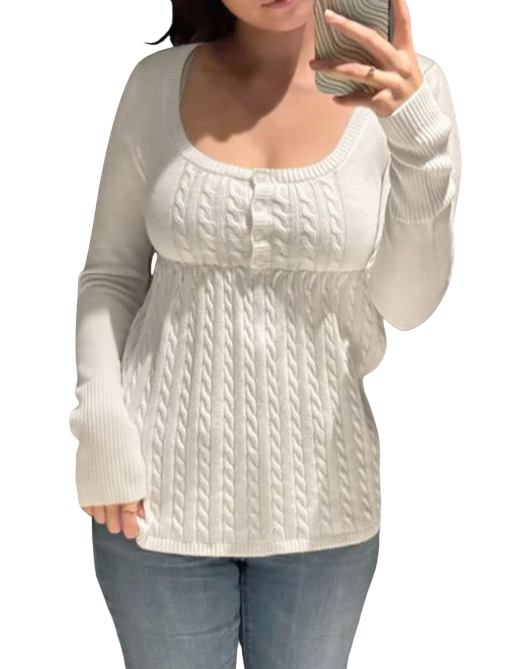 BAIMORE Womens Y2K Gentle Retro High-Waisted A-Line Cable Knit Square Neck Button-Down Babydoll Top