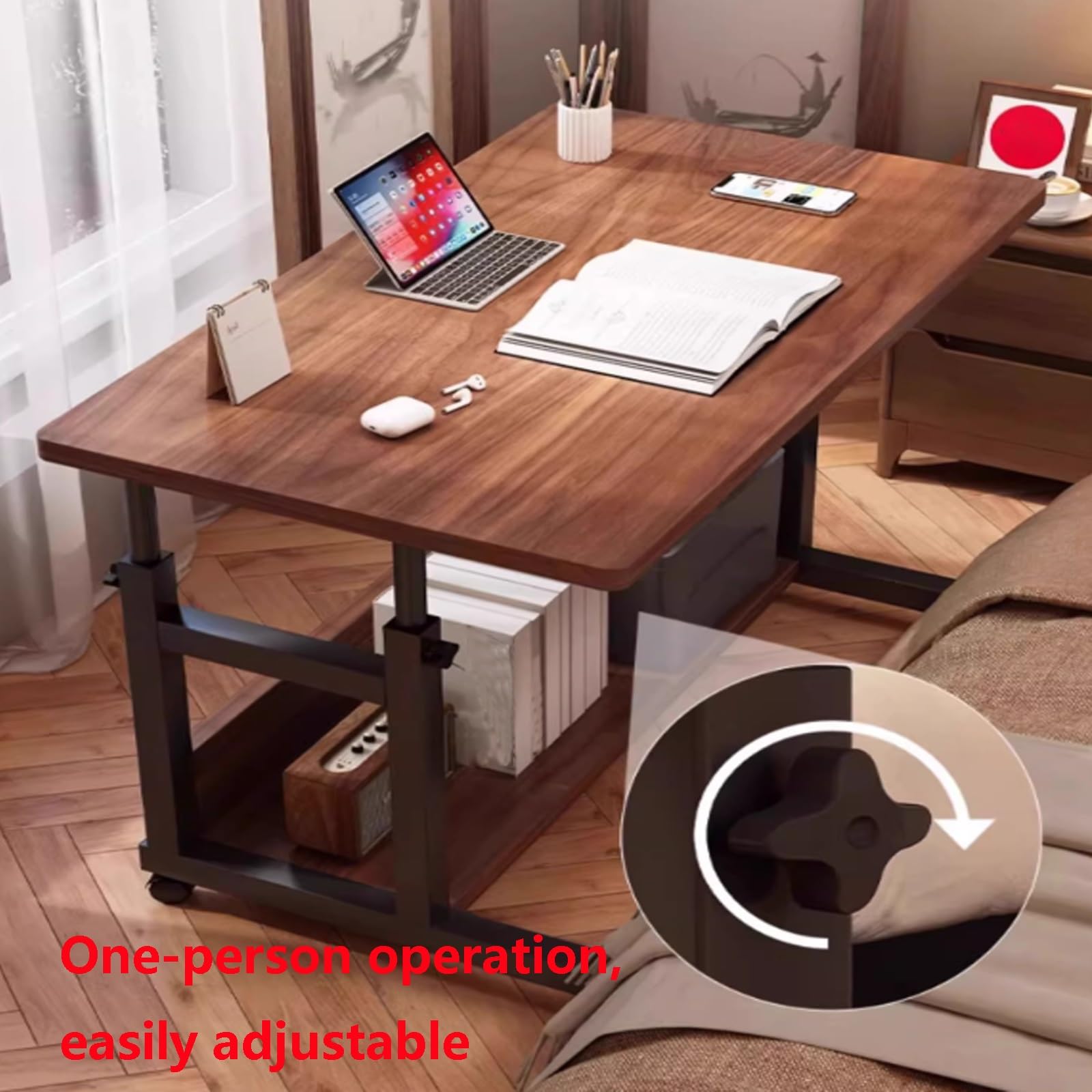 Mesa auxiliar móvil con ruedas, mesas auxiliares de 2 niveles, 50 cm de ancho, altura ajustable de 63 a 85 cm, marco de metal, mesas de sofá para laptop, aperitivos, libros