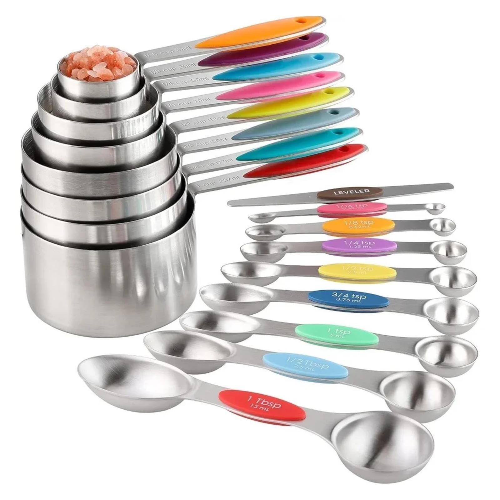 Set 17pcs tasses et cuilleres doseuses inox avec cuilleres magnetiques