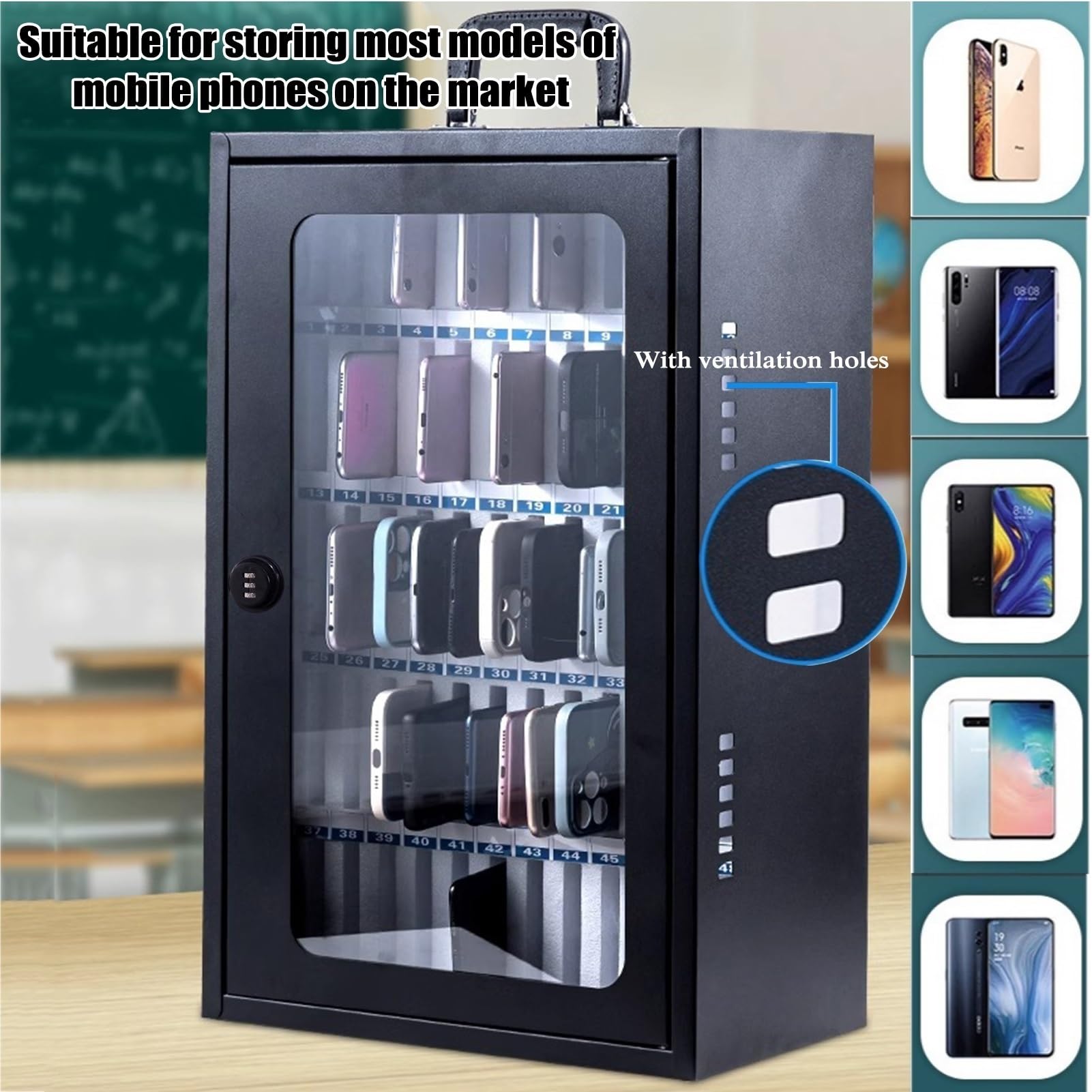 Gabinete de acero montado en la pared para teléfono con 12 carros para escuela y negocios, soporte para dispositivos, diseño seguro de cuadrícula de varios números