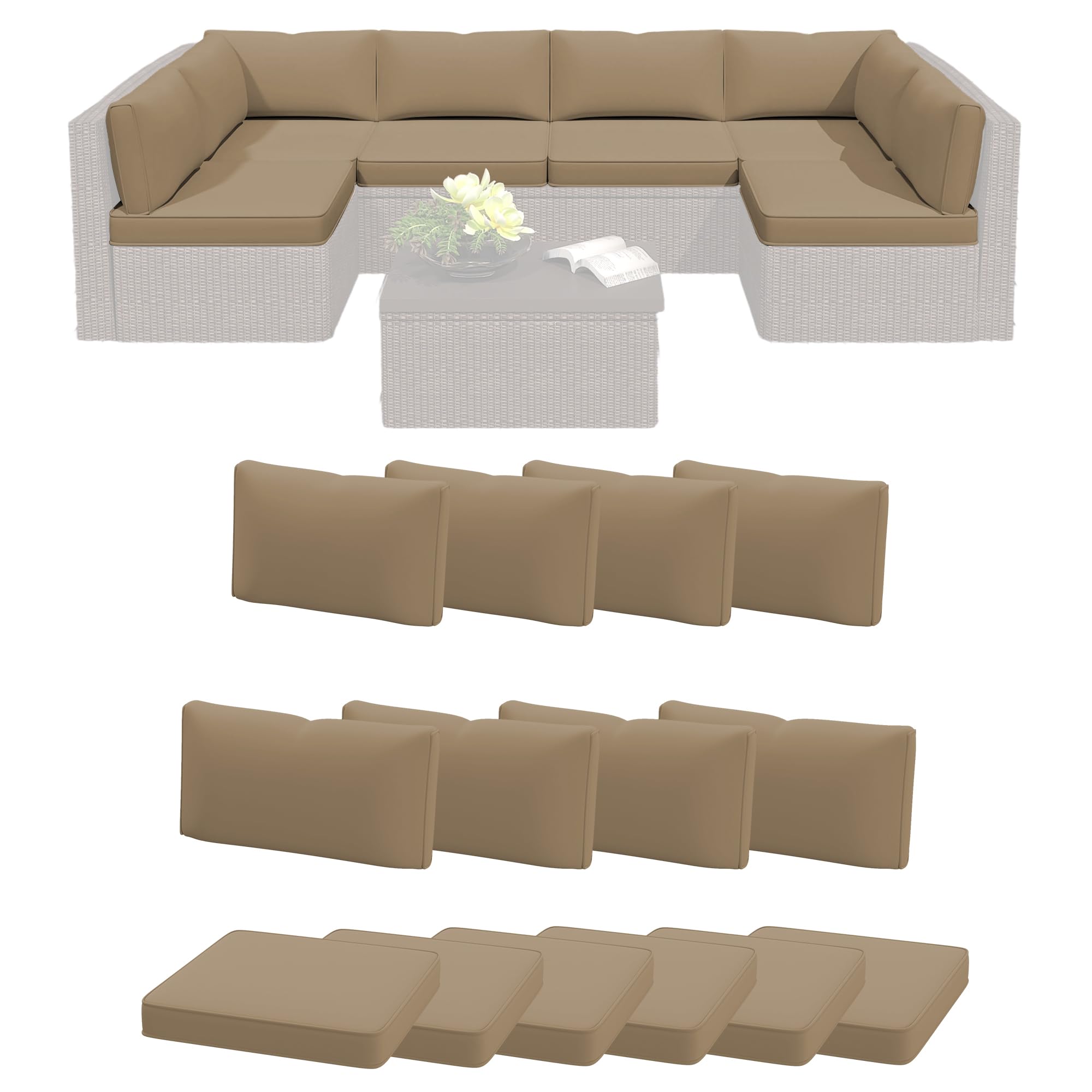 outdoor patio cushions, 14-piece wicker sofa replacement cushions, water-resistant anti-slip design for 6-seat outdoor sectional furniture, brown