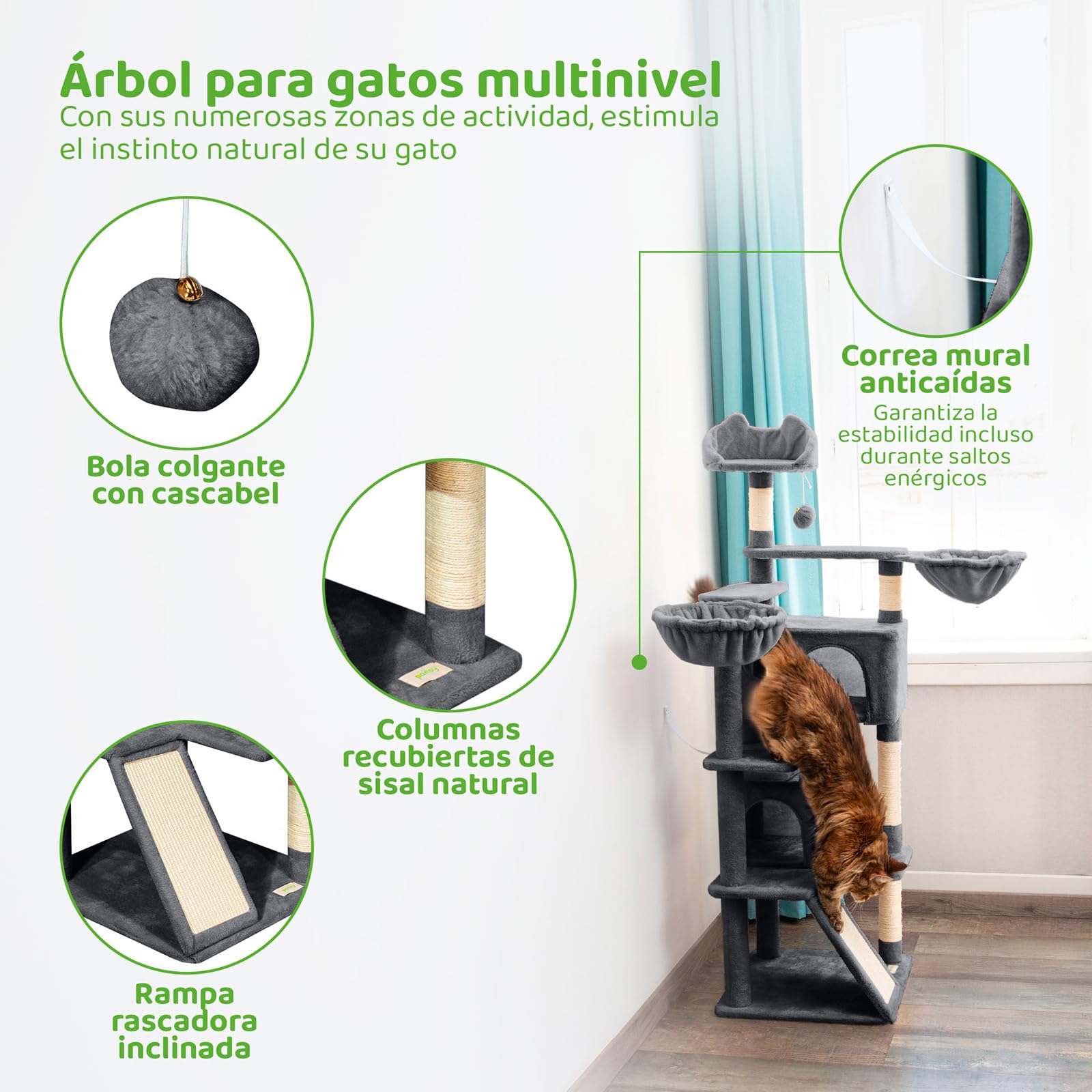Árbol de Gato, Rascador para Gatos, Percha, Nichos, Hamaca, Bolas, Columnas de Sisal, Peluche, Altura 165 cm, Gris Oscuro, garantía de 5 años