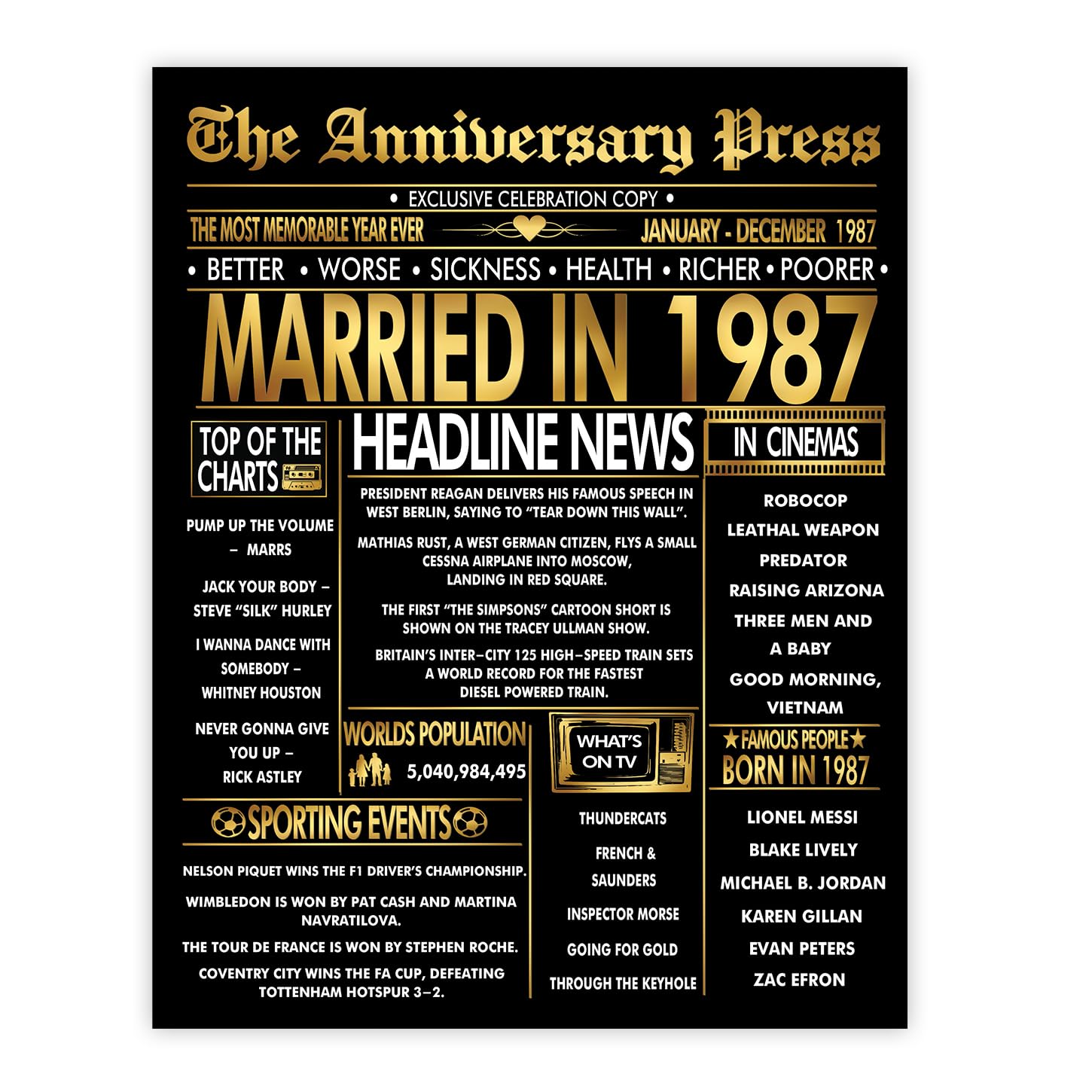 Stuff4 Gold 39th Anniversary Poster Unframed - Golden Married In 1987 Newspaper - 39 Wedding Anniversary for Men Women Vintage Gifts Back In 1987, 8x10 Inch Anniversaries Posters