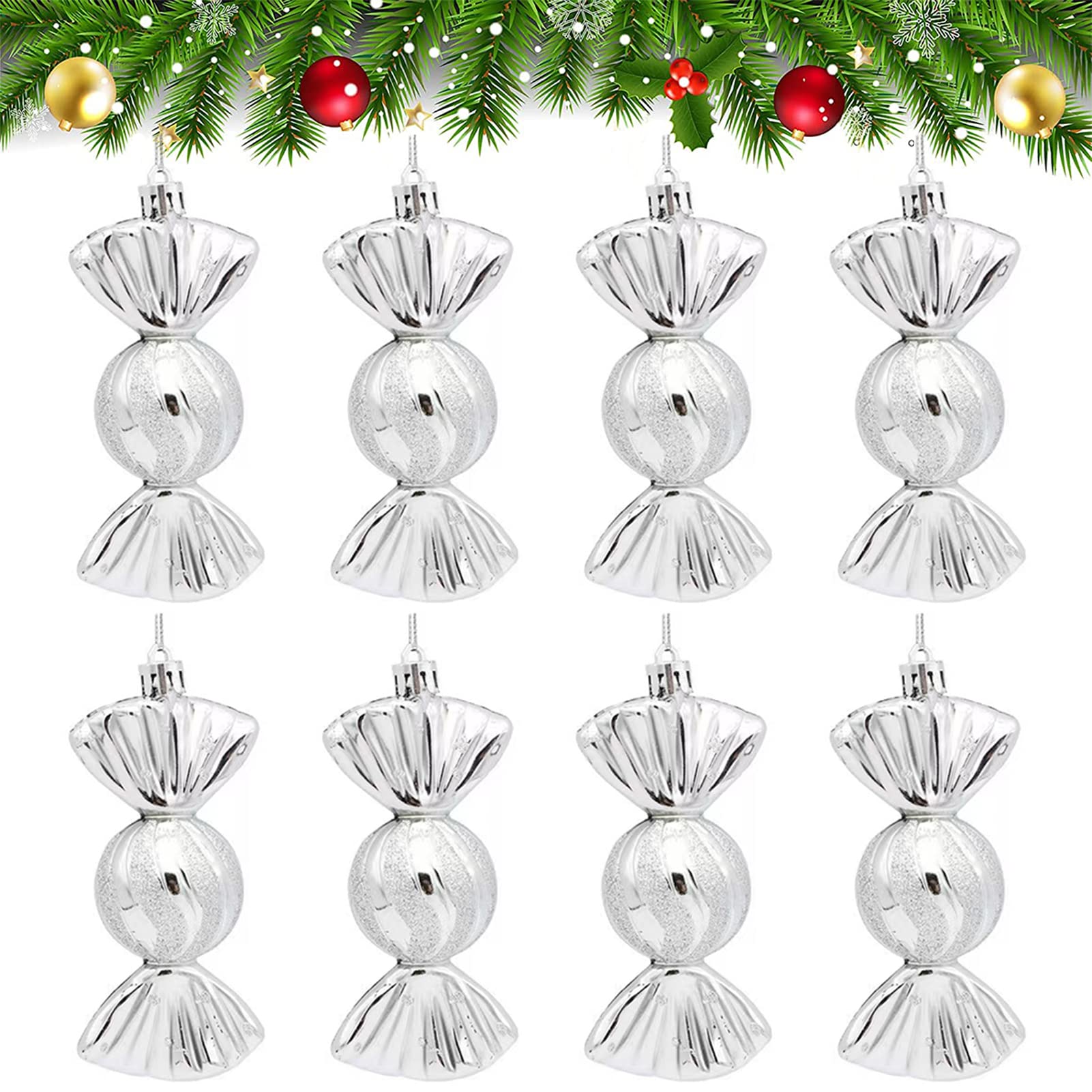 8 Pcs Christmas Tree Candy Pendants - Christmas Tree Decorations in Bonbon - 12CM Glitter & Funny Christmas Tree Decorations Candy Ornaments( Silver )