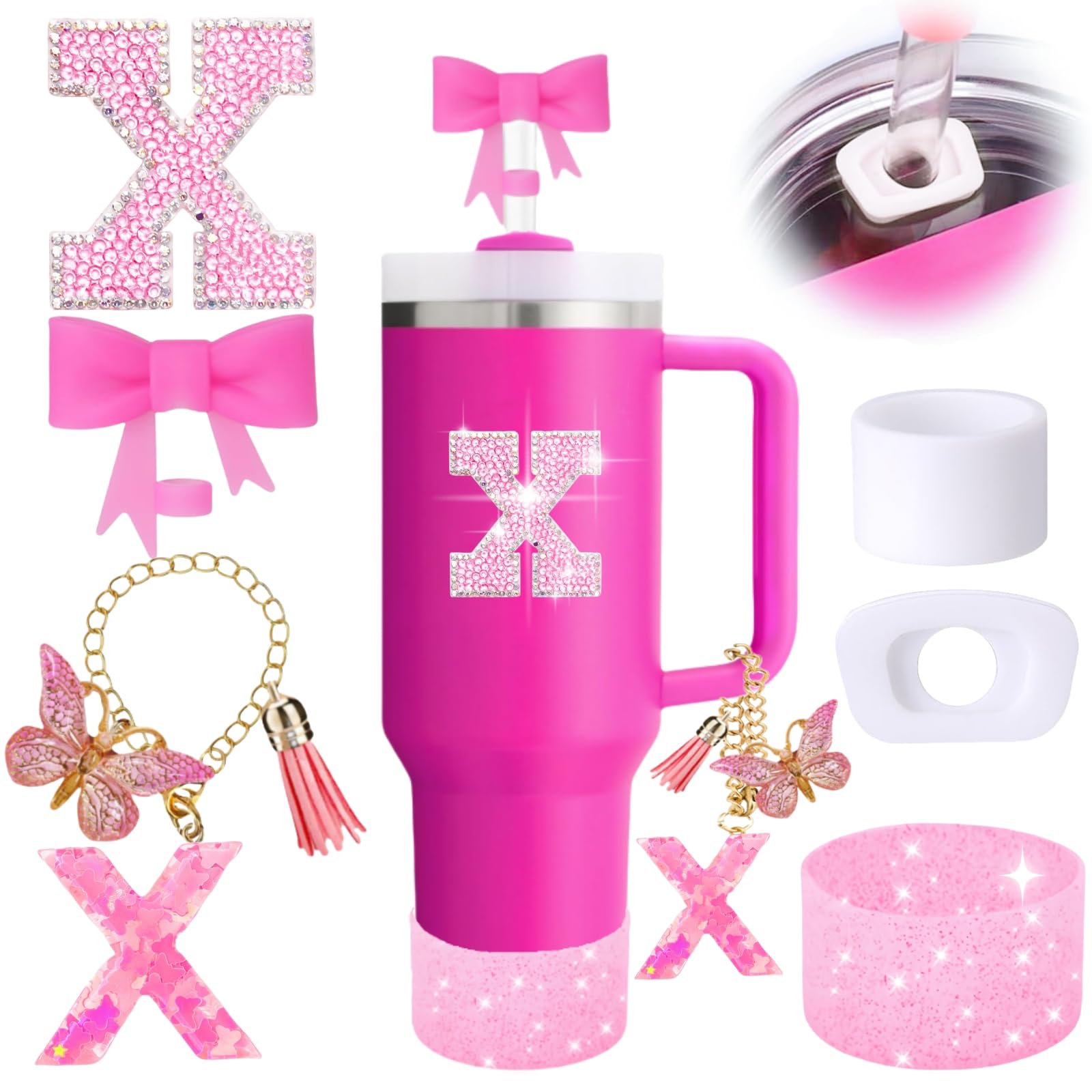 6PCS Pink Stanley Cup Accessories Set, Initials Decorations for Stanley Cup 30oz 40oz, Includes Bow Straw Topper, Handle Charm, Letter Sticker,
