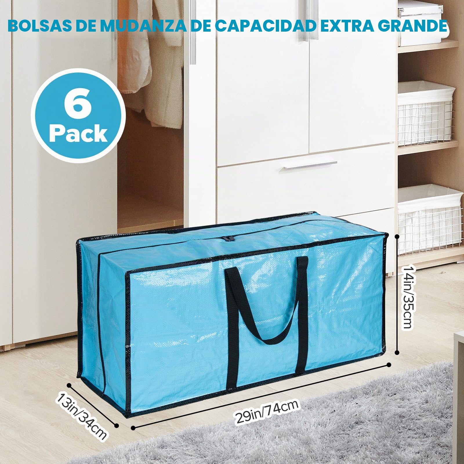 Paquete de 6 cajas de mudanza extra grandes y fuertes con tapa y cremalleras, caja de almacenamiento grande resistente para mudanzas, ropa, edredón, viajes, bolsas de lavandería, bolsa de embalaje
