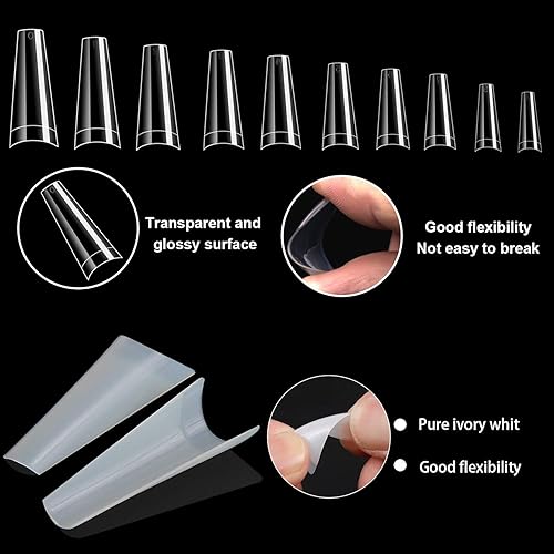 Miniatura 3 de 1,000 puntas de uñas artificiales acrílicas, 10 tamaños, cobertura media, para salón de uñas y para uso personal, arte con uñas, uñas tipo bailarina