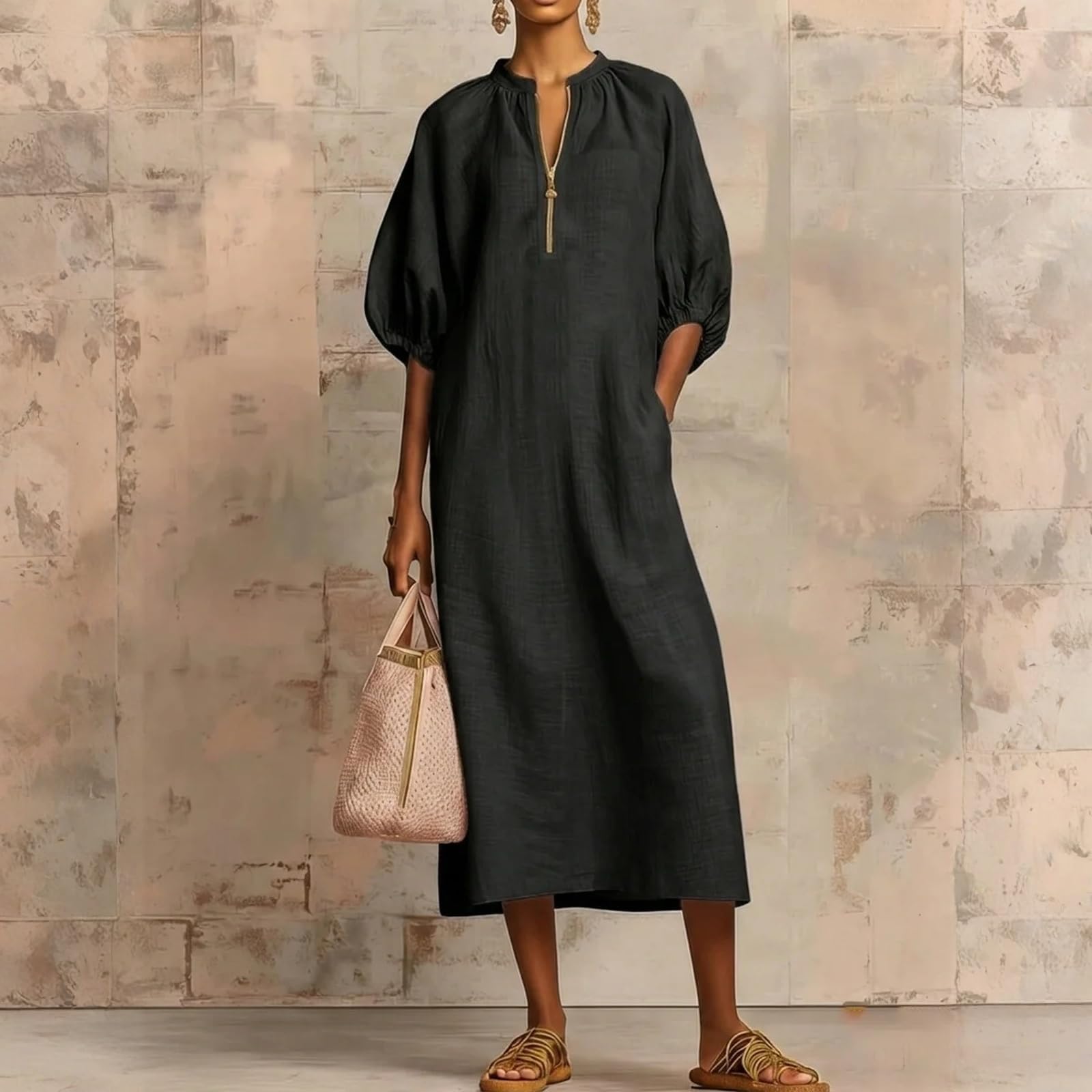 Abito Midi dalla vestibilità Ampia con Collo Diviso e Maniche a Sbuffo | Abito primavera-estate casual ampio con scollo a V e abito da vacanza casual con tasche