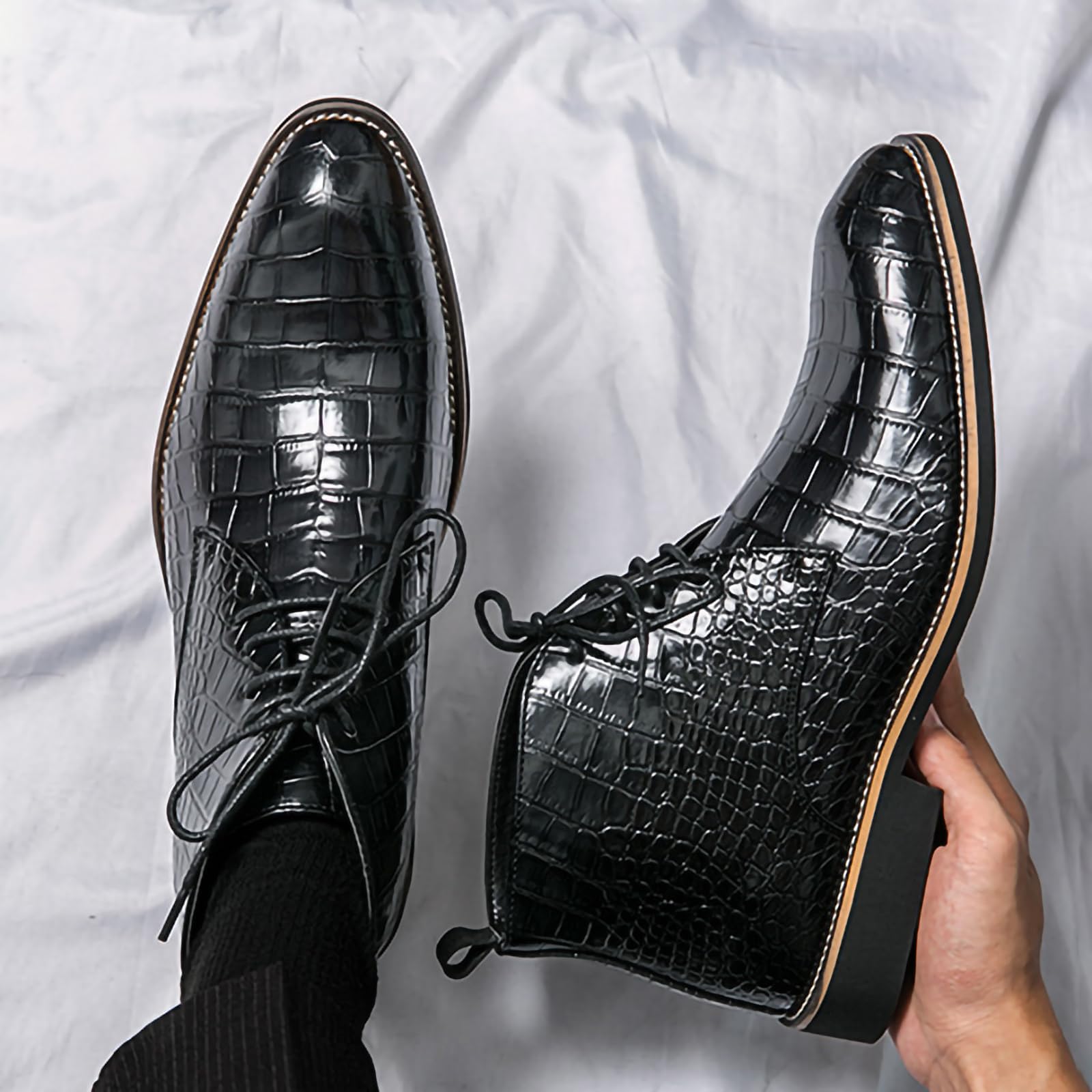 Męskie sznurowane buty Oxford ze skóry PU wzór krokodyla botki Chukka, Czarny, 41 EU