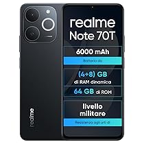 realme Note 70T 4+64GB Smartphone, Display Eye Comfort da 6,75” a 90Hz, Batteria da 6000mAh, Protezione ArmorShell, Chipset Octa-core, 7,94 mm Ultra Sottile, IP54, Ossidiana Nera,Senza Caricabatterie