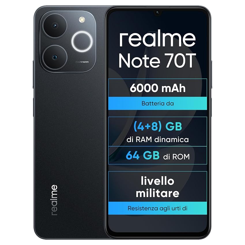 realme Note 70T 4+64GB Smartphone, Display Eye Comfort da 6,75'' a 90Hz, Batteria da 6000mAh, Protezione ArmorShell, Chipset Octa-core, 7,94 mm Ultra Sottile, IP54, Ossidiana Nera,Senza Caricabatterie