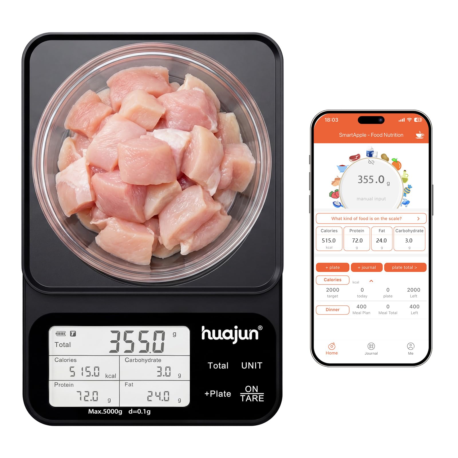 Küchenwaage Digital mit Nährwertberechnung, 5kg/0,1g Küchenwaage Bluetooth mit Kalorienzähler, App Smart Scale mit 30 Nährstoffe, Ernährungswaage mit LCD-Display für Gewichtsverlust,Fitness (grau)