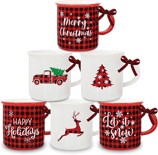 Christmas Mini Coffee Mug with Ribbon Red Black Plaid