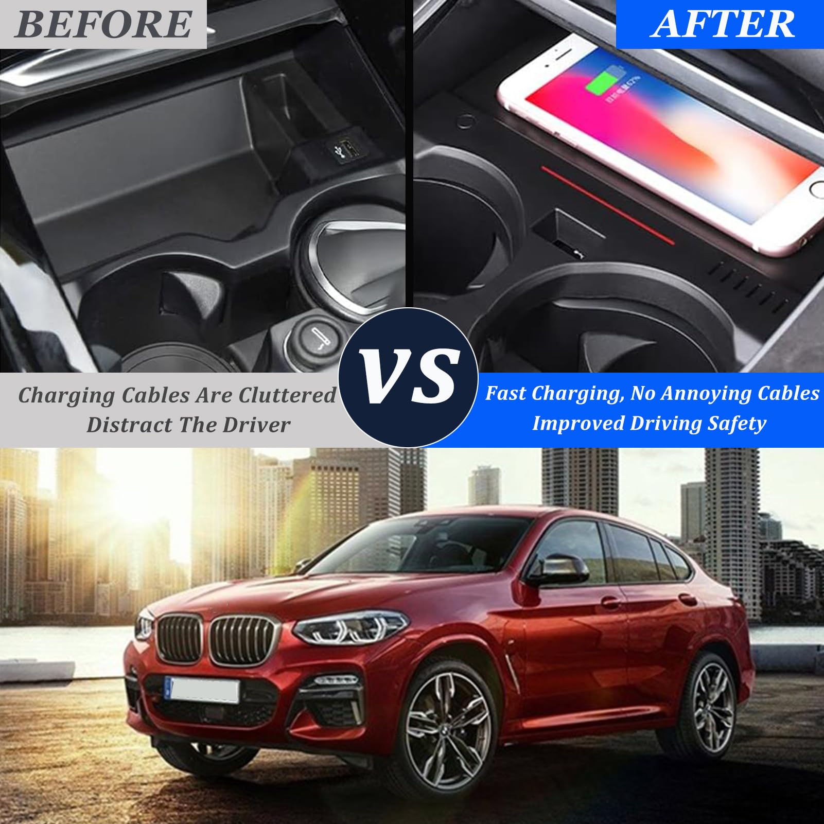 2024 Wersja Bezprzewodowa ładowarka Samochodowa do BMW X3/X4 2018 2019 2020 2021 2022 2023,ładowanie Bezprzewodowe 15 W + USB*2,Bezprzewodowa ładowarka Samochodowa do Samsunga i iPhone'a