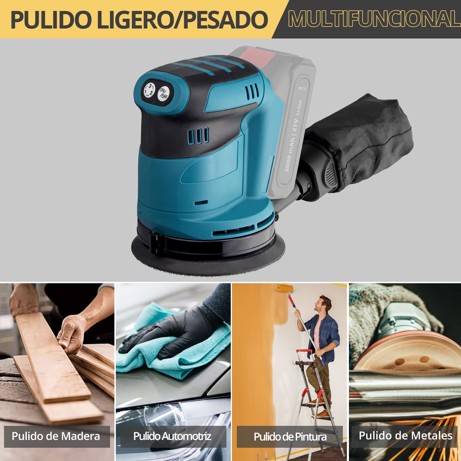 AMTOVL Lijadora Orbital 90W Lijadora Eléctrica 3 Velocidades (7000-9500-11000rpm) con Papel de Lija 5PCS 125mm Bolsa para Polvo para Lijar, Encerar, Pulir Madera y Metal (Pilas no Incluidas)