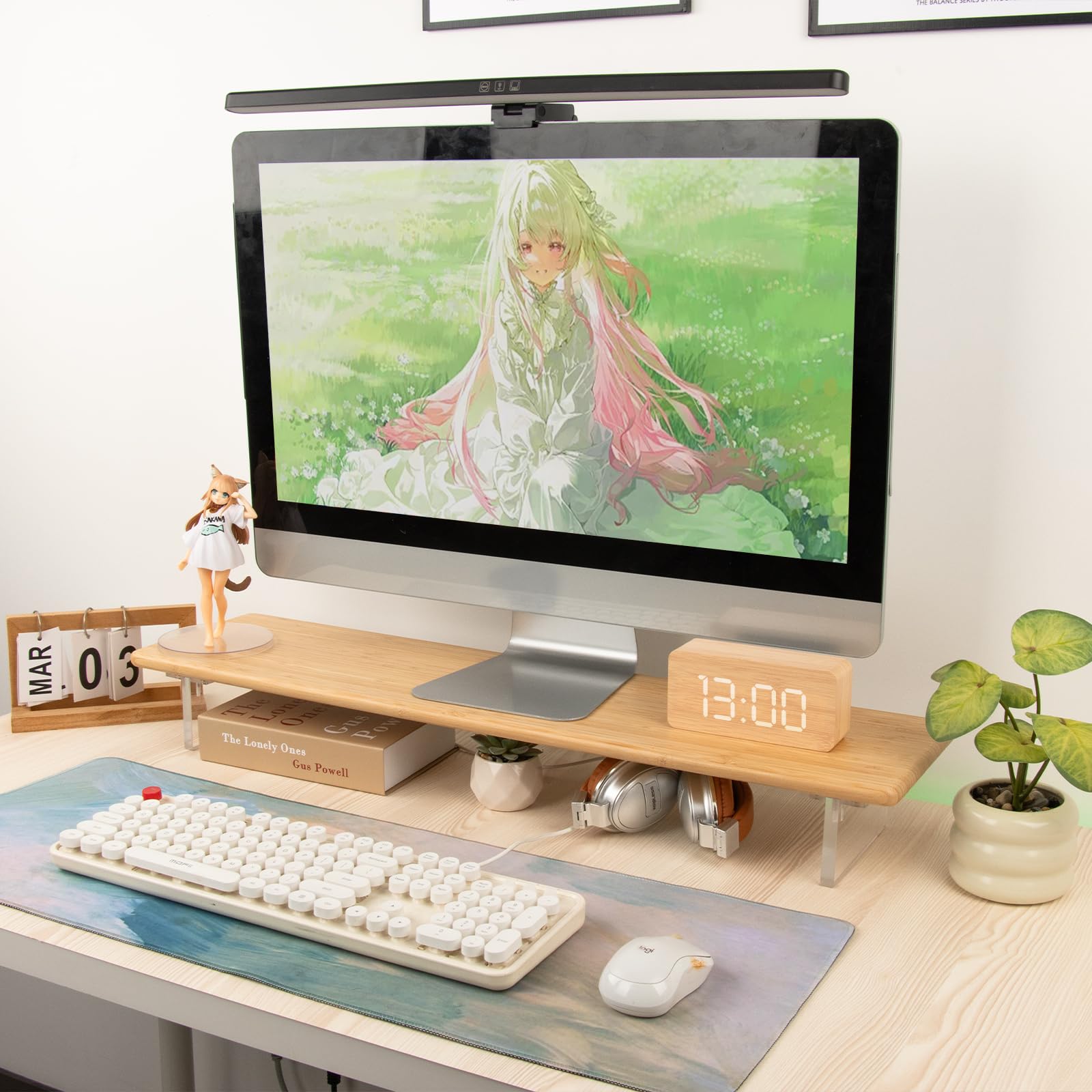 Supporto per monitor in bambù con gambe in acrilico per scrivania, 80 cm, supporto per PC, computer, laptop, stampanti, altoparlanti (naturale)