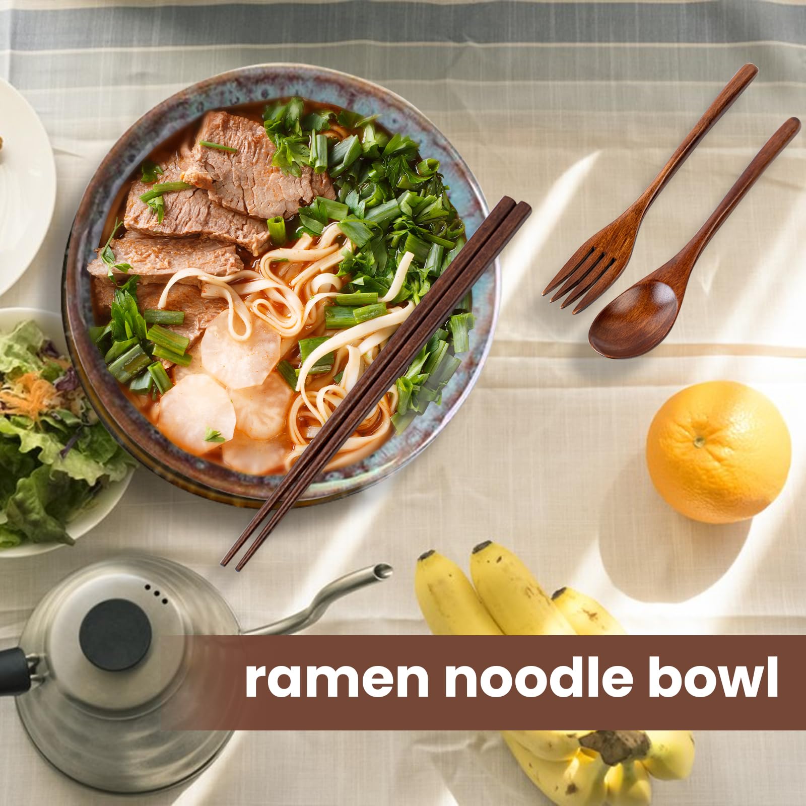 Zestaw 2 ceramicznych misek ramen z pałeczkami widelec i łyżka 1200 ml zestaw misek na zupę i makaron do kuchenki mikrofalowej bezpieczny makaron przekąski i salaterki wzór pawia ogon