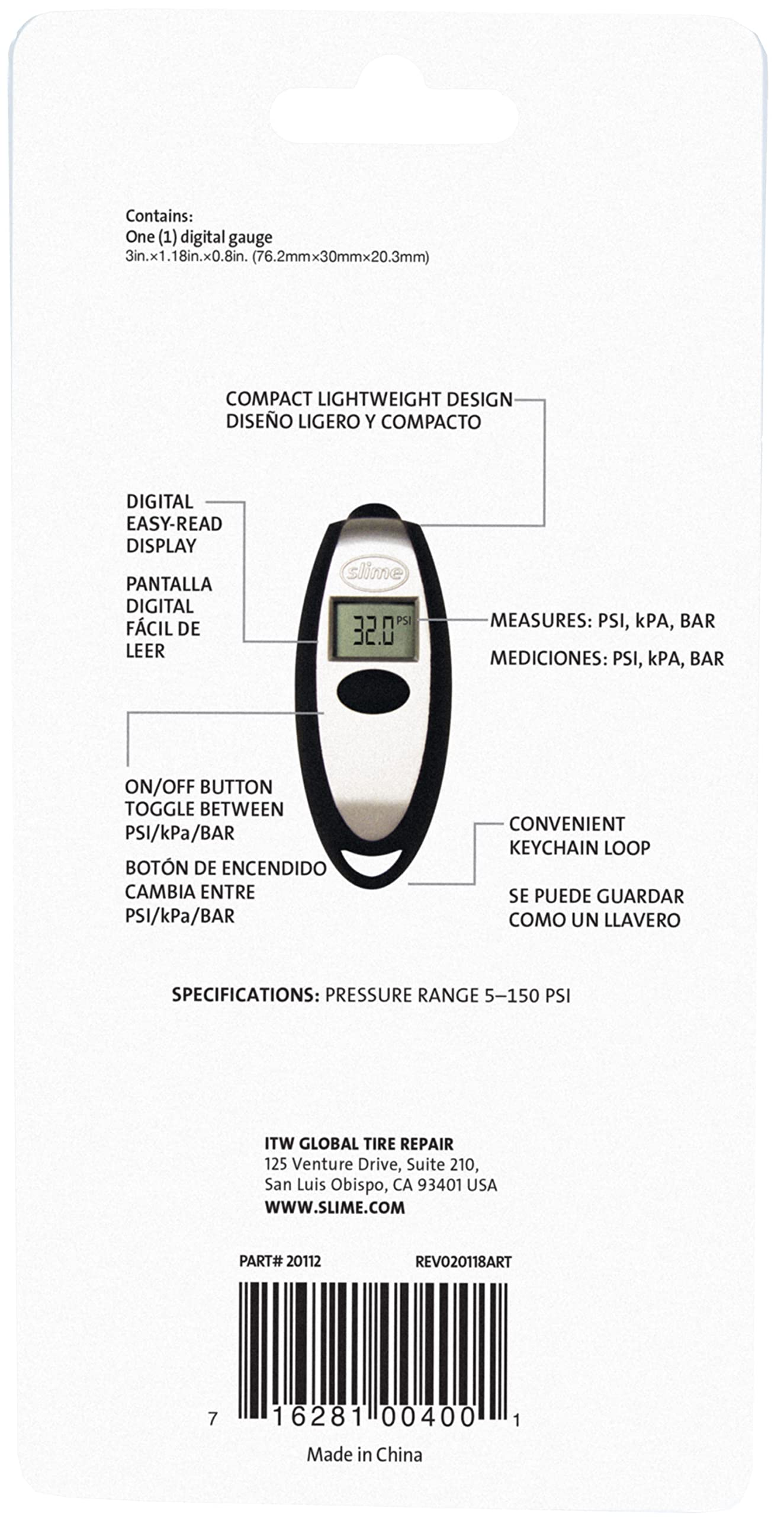 Slime Digital Tire Pressure Gauge Keychain - 5-150 PSI, LCD Screen, Automatic Shut-Off, Rubberized Finish
