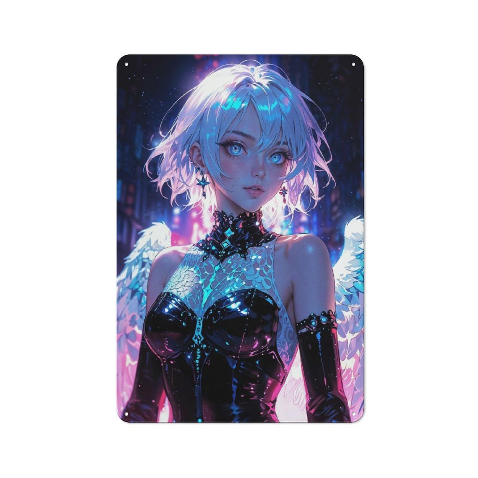 Celestial Neon Angel in Futuristic Nightscape Classic Metal Wall Decor 30x20cm, Metal Sign for Cafe, Pub, Workshop Or Home Bar, Small Accent for Blank Walls