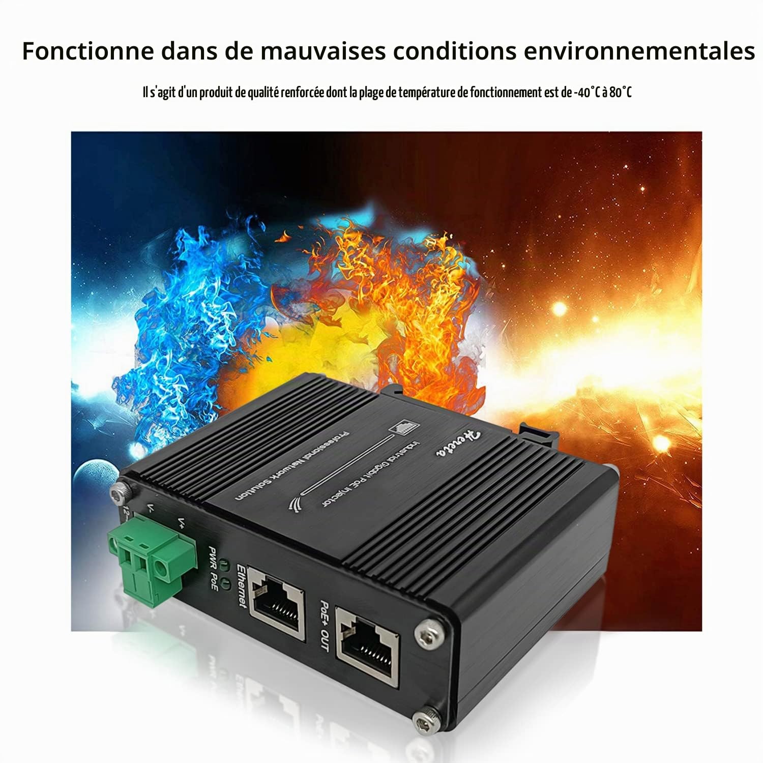 Injecteur Gigabit PoE+ industriel durci 12-48 VDC entrée avec rail DIN et support mural reliant le dispositif IEEE 802.3 af/at PoE (30 W)