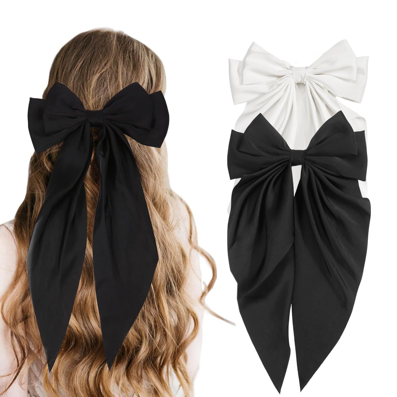 2 Pcs Hair Bow Clips for Women - Silky Satin Bowknot Barrettes With Long Tail, Large 7 Inch Hair Bows for Girls