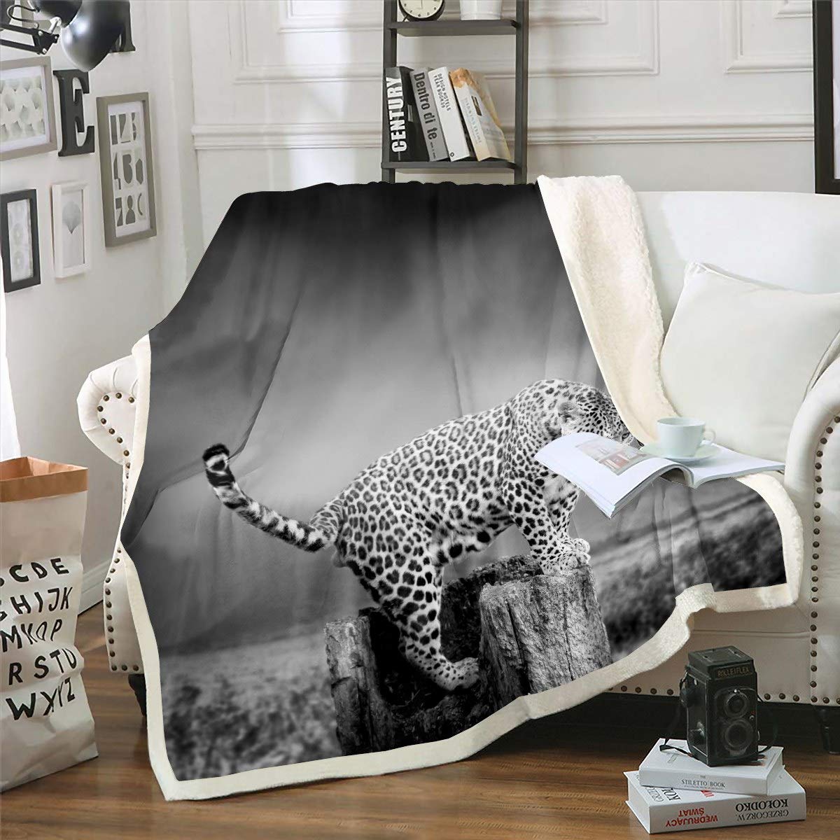 Leopard Wild Cheetah Print Fleece Blanket for Sofa Couch Teens Ultra Soft 3D Animal Theme Pattern Gray Wildlife Style Sherpa Bed Flannel Blanket King 87"*94"
