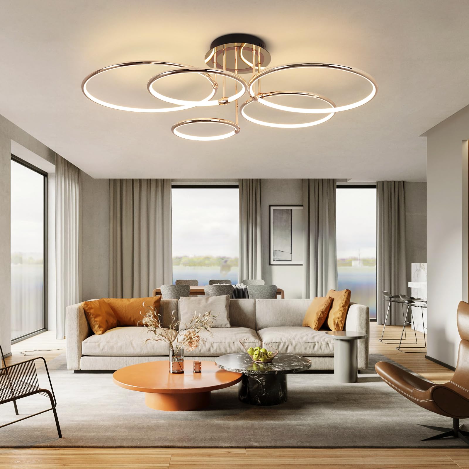 LED Deckenleuchte Modern Design Deckenlampen Gold 5-Ring Lampen Dimmbar Wohnzimmerlampe mit Fernbedienung, Aluminium Led Beleuchtung für Wohnzimmer Schlafzimmer Küche Esszimmer Büro 93cm, 108W…